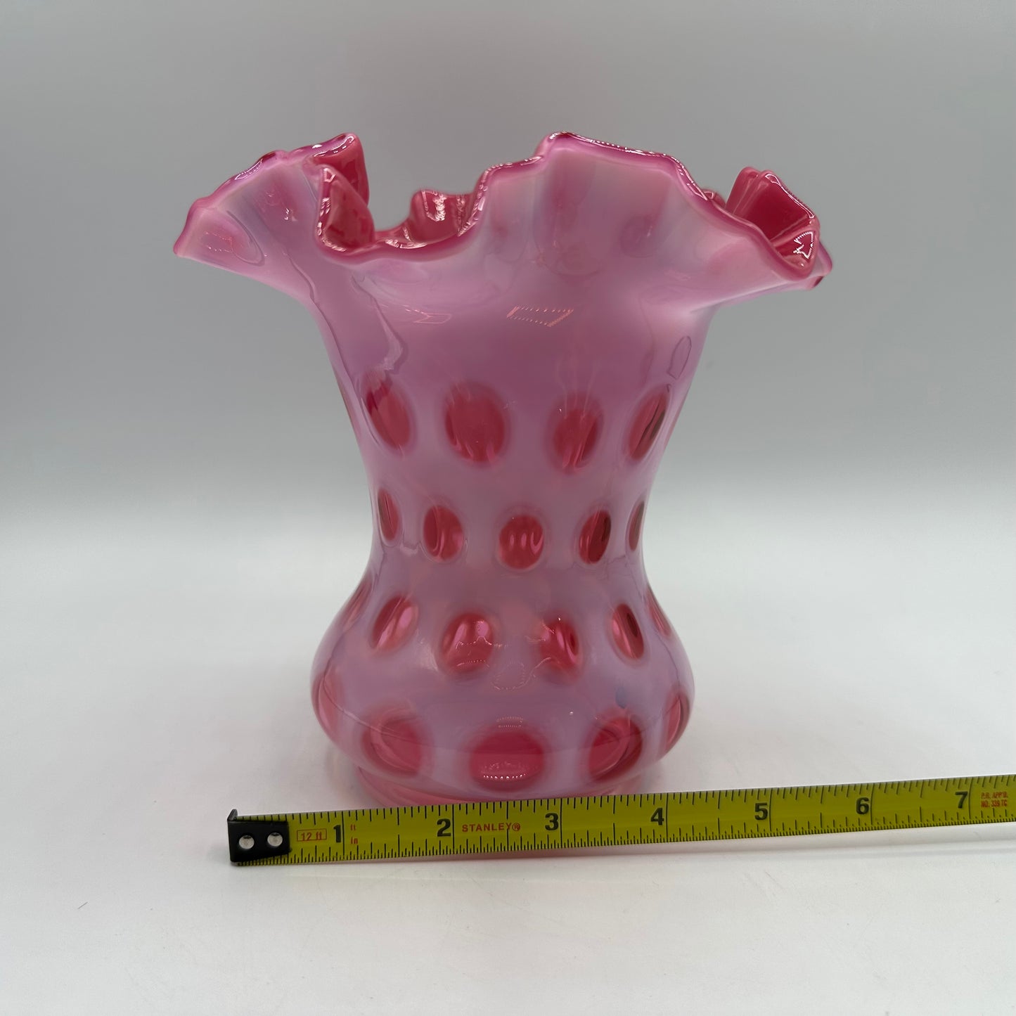 Vintage Fenton Cranberry Opalescent Coin Dot Ruffled Vase