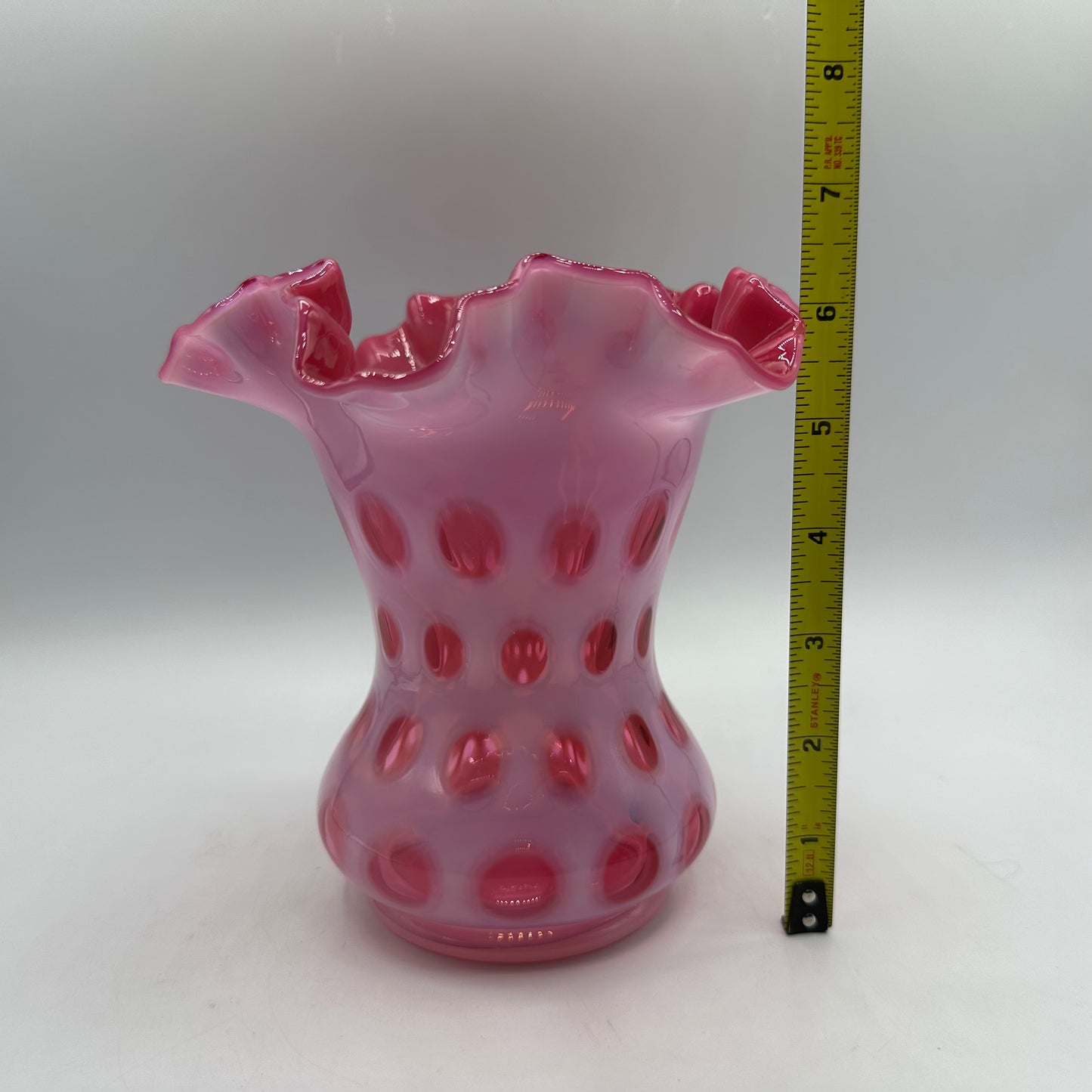 Vintage Fenton Cranberry Opalescent Coin Dot Ruffled Vase