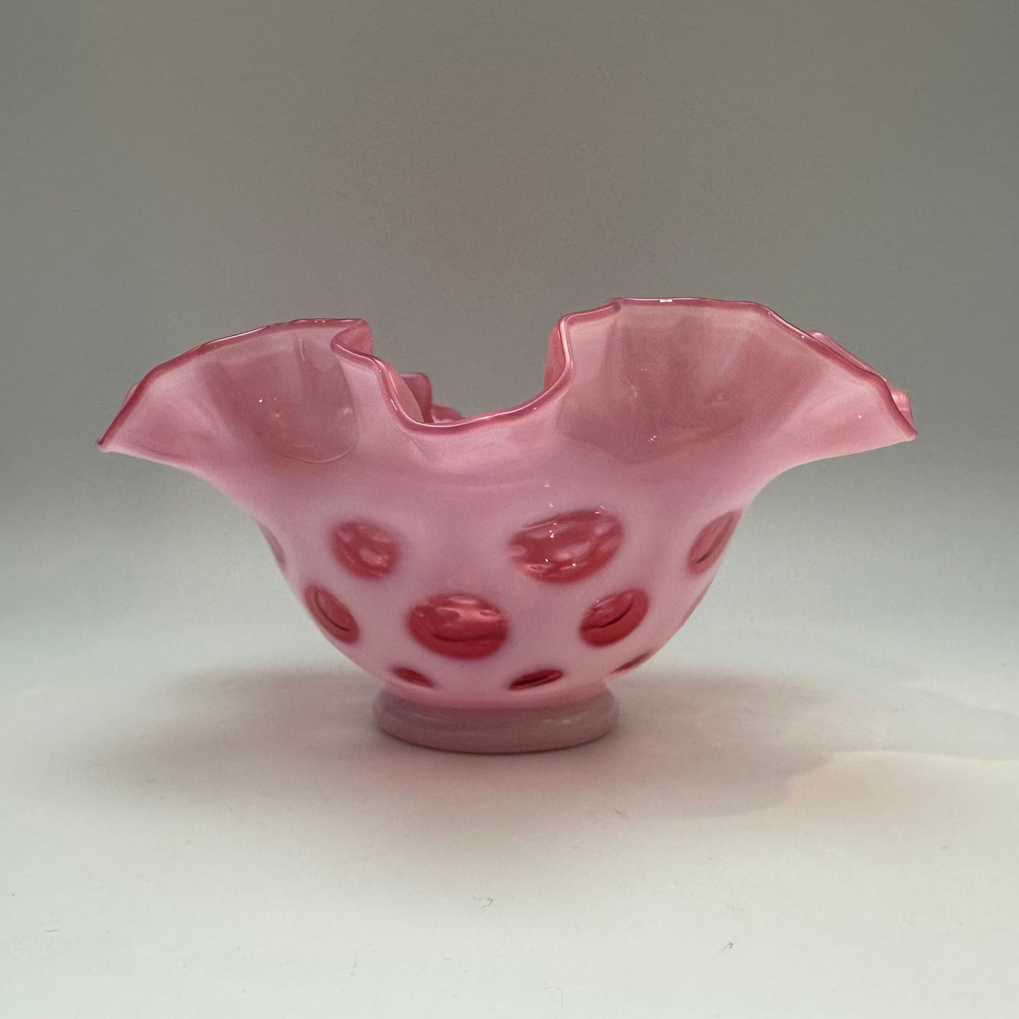 Vintage Fenton Cranberry Opalescent Coin Dot Ruffled Vase, 3 1/2" Tall