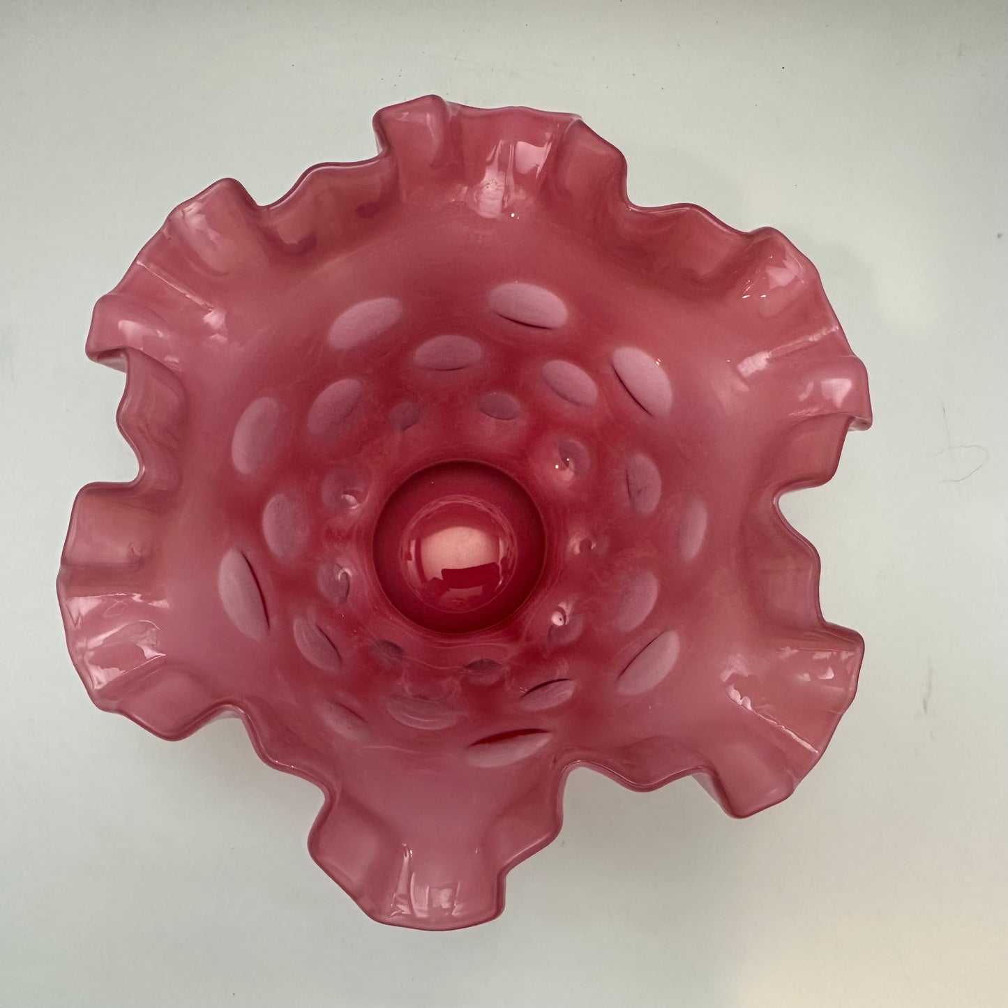 Vintage Fenton Cranberry Opalescent Coin Dot Ruffled Vase, 3 1/2" Tall