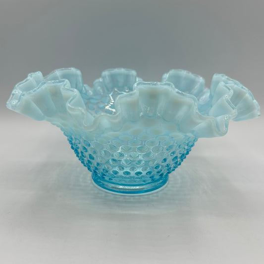Fenton Blue Opalescent Hobnail Ruffled Edge Bowl, 8"