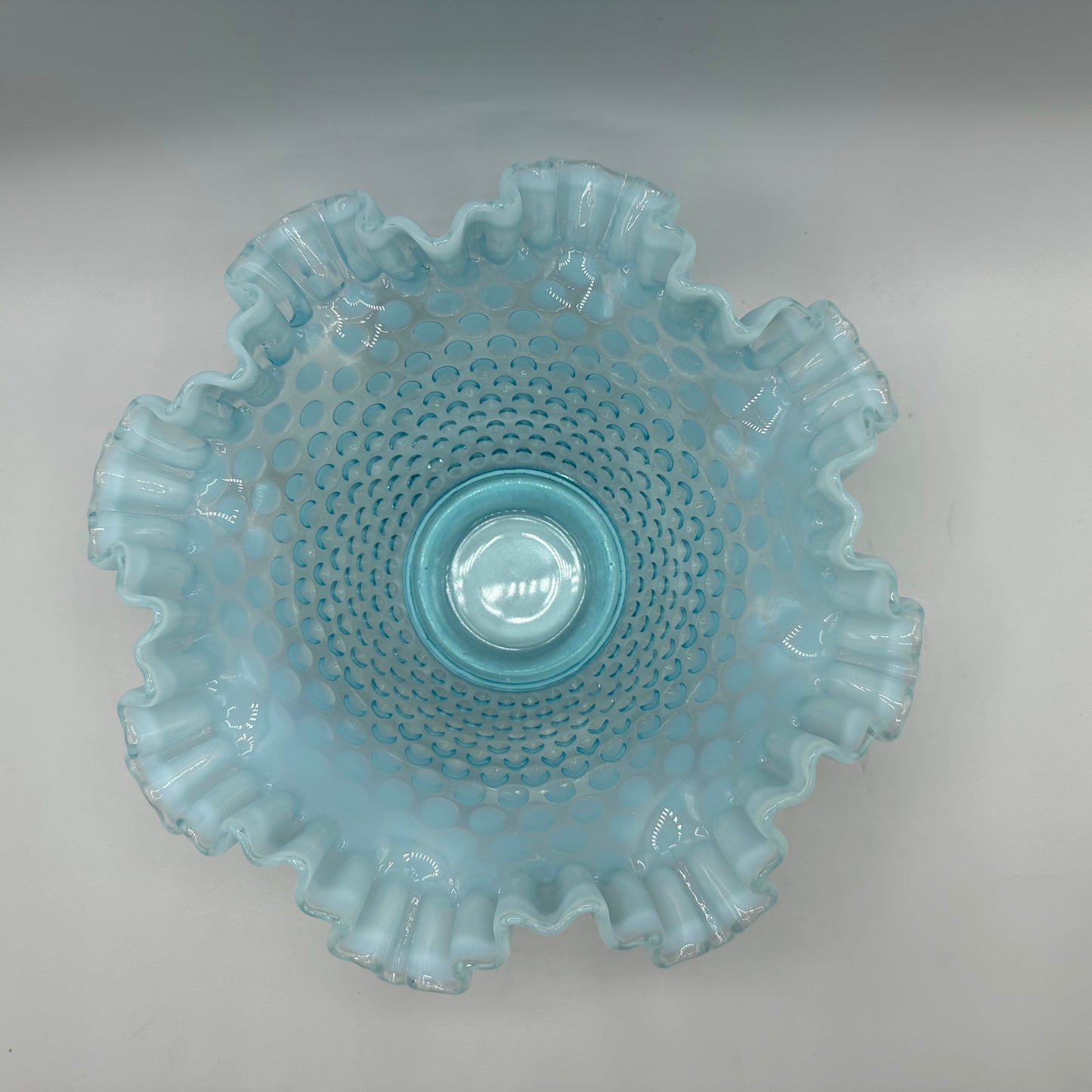 Fenton Blue Opalescent Hobnail Ruffled Edge Bowl, 8"