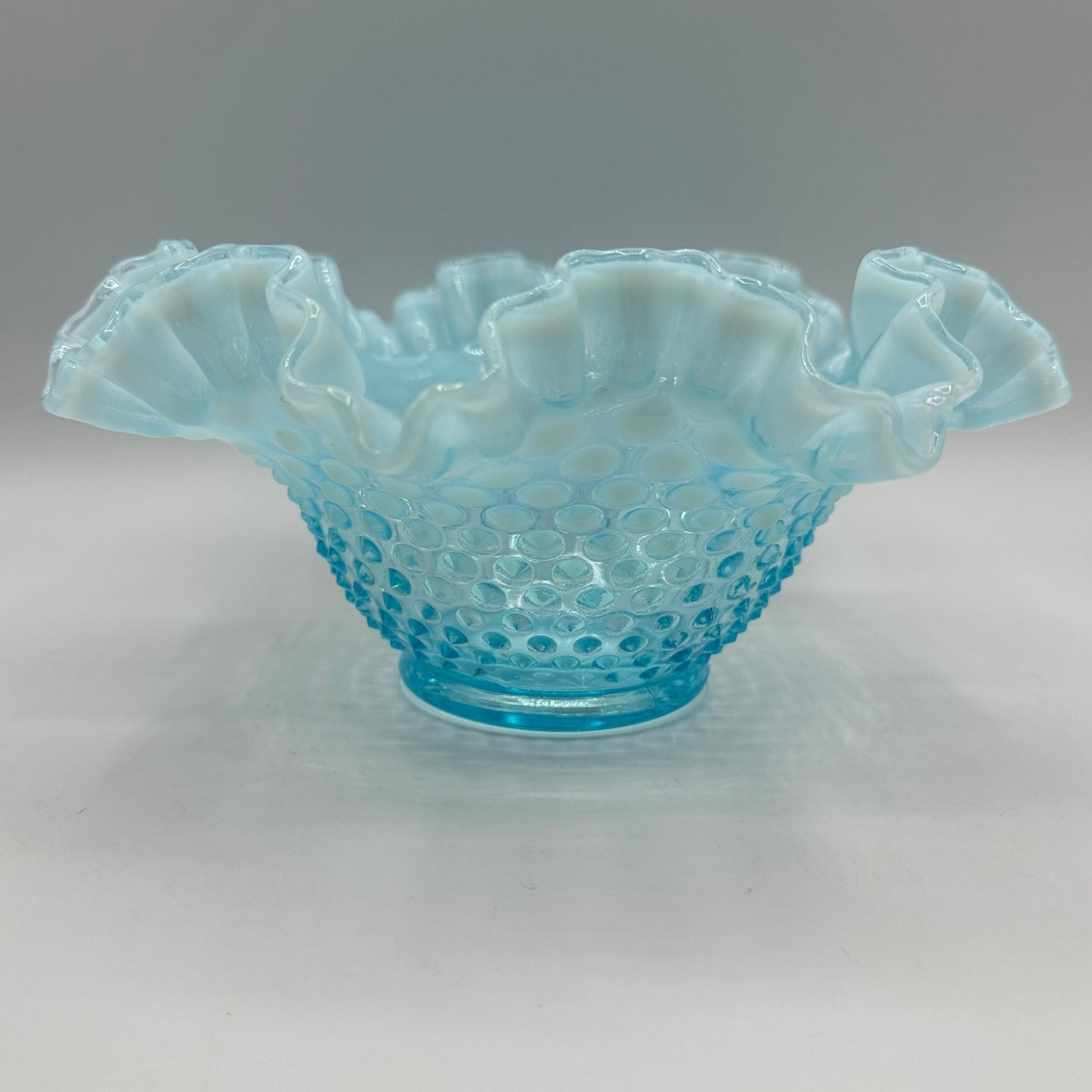 Fenton Blue Opalescent Hobnail Ruffled Edge Bowl, 8"