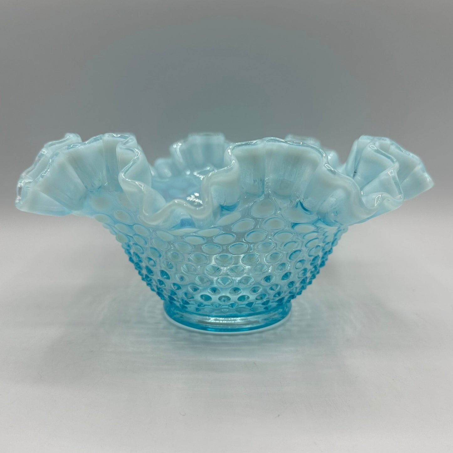 Fenton Blue Opalescent Hobnail Ruffled Edge Bowl, 8"