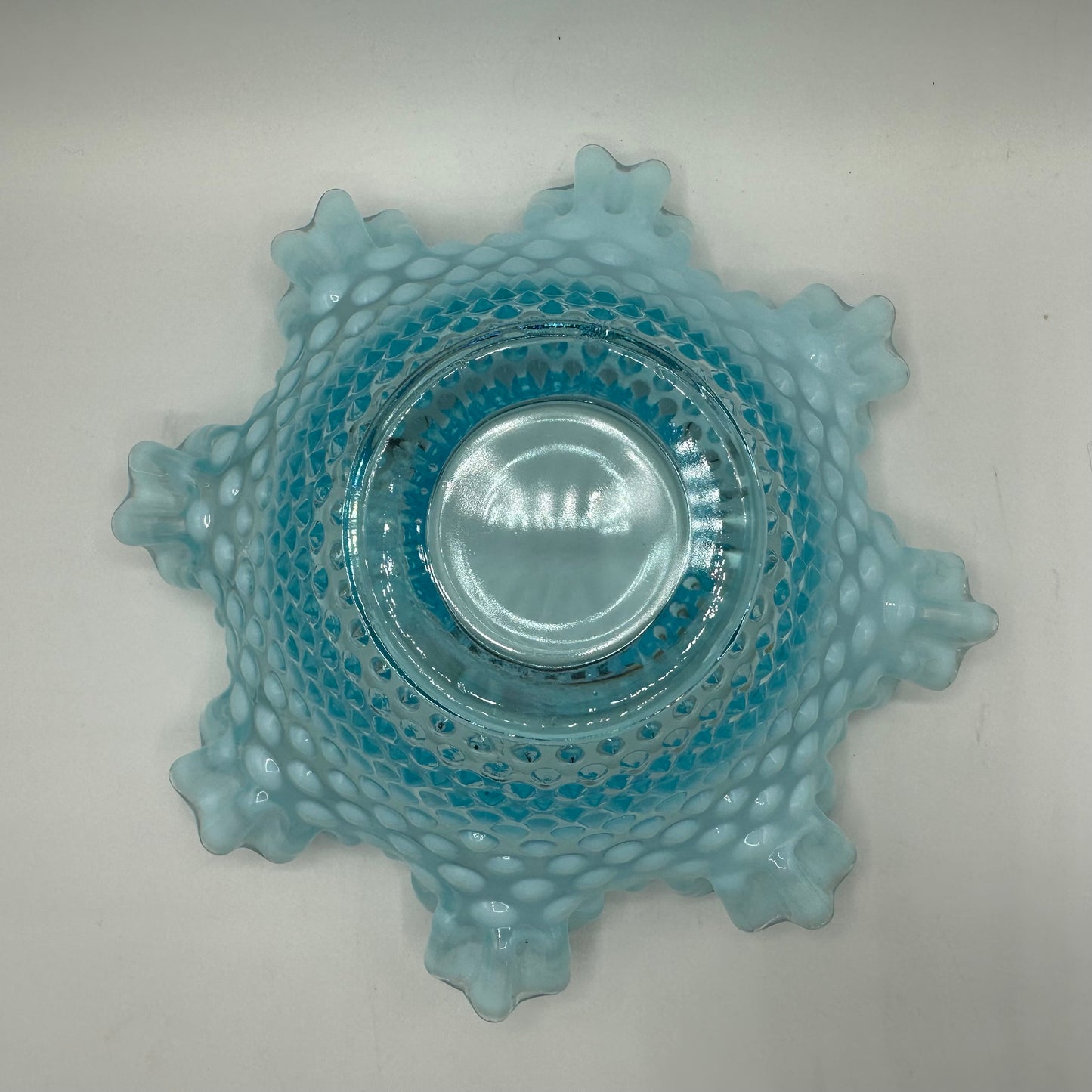 Fenton Blue Opalescent Hobnail Ruffled Edge Bowl, 8"