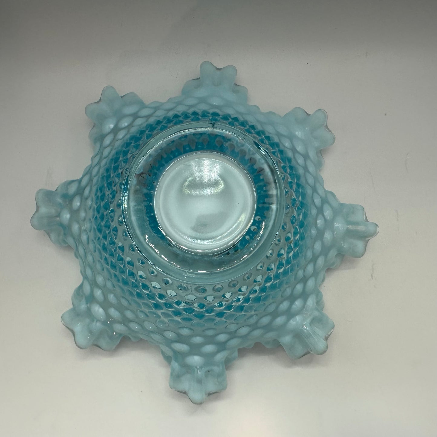 Fenton Blue Opalescent Hobnail Ruffled Edge Bowl, 8"