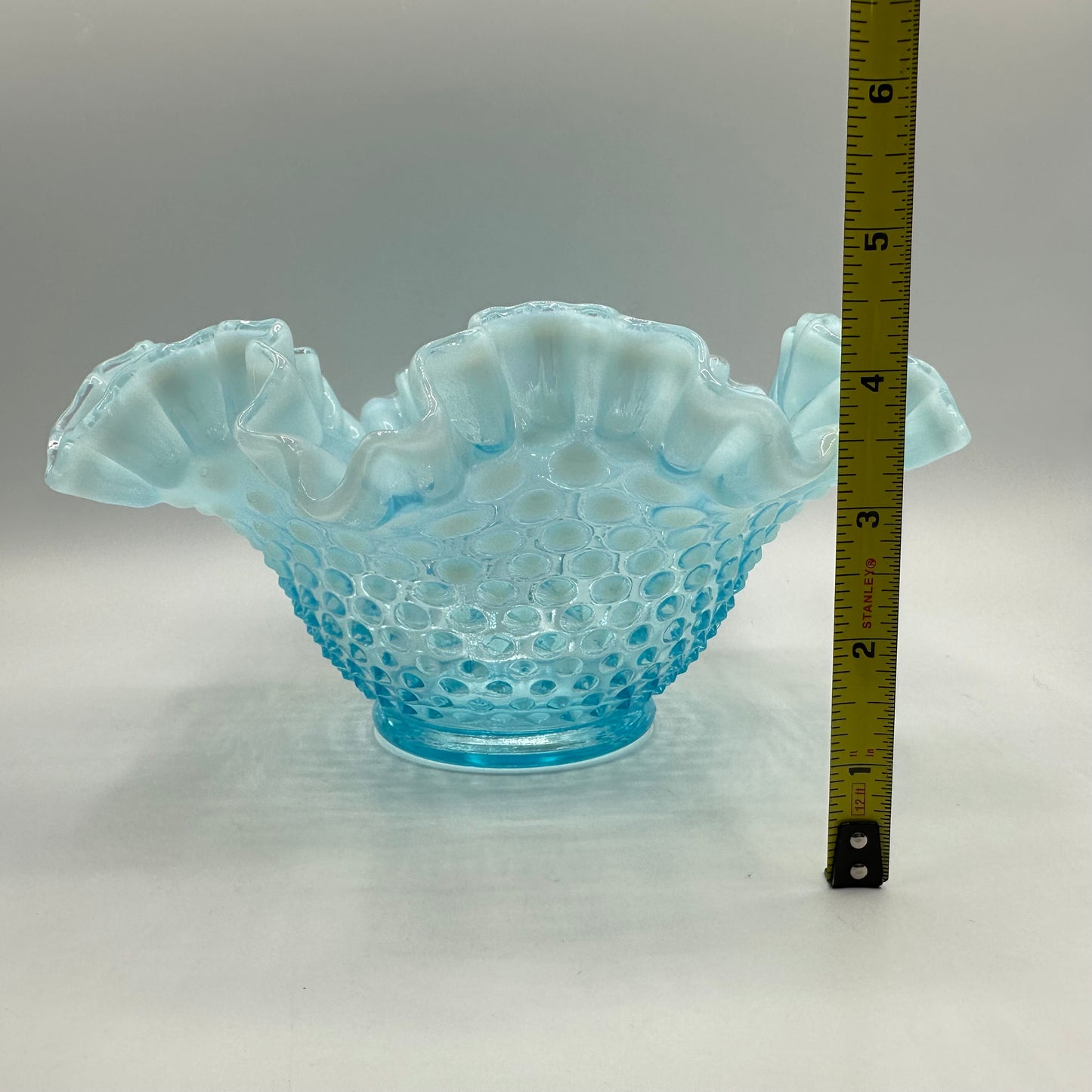 Fenton Blue Opalescent Hobnail Ruffled Edge Bowl, 8"