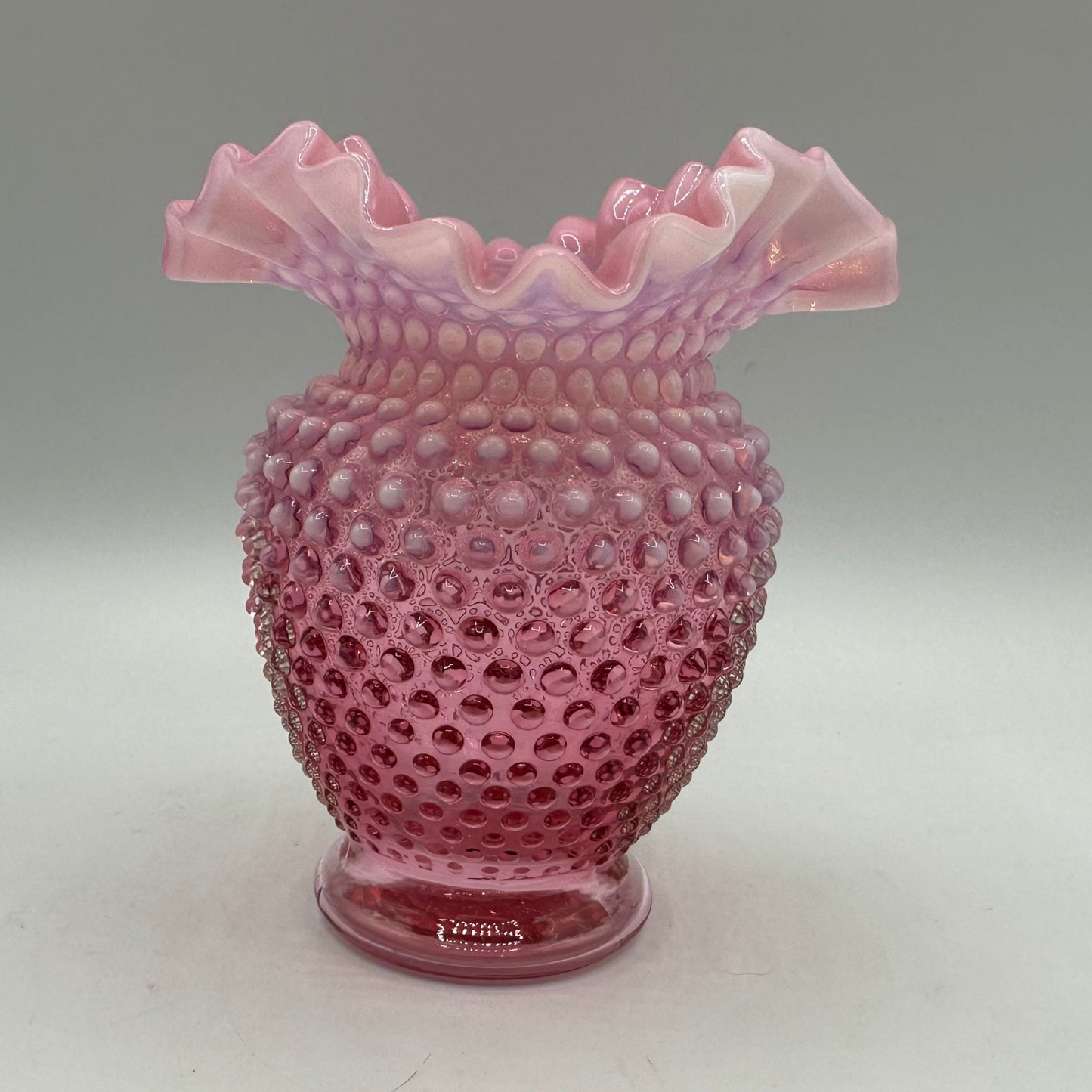 Fenton Cranberry Opalescent Hobnail Vase Ruffled Edge, 5 1/2"