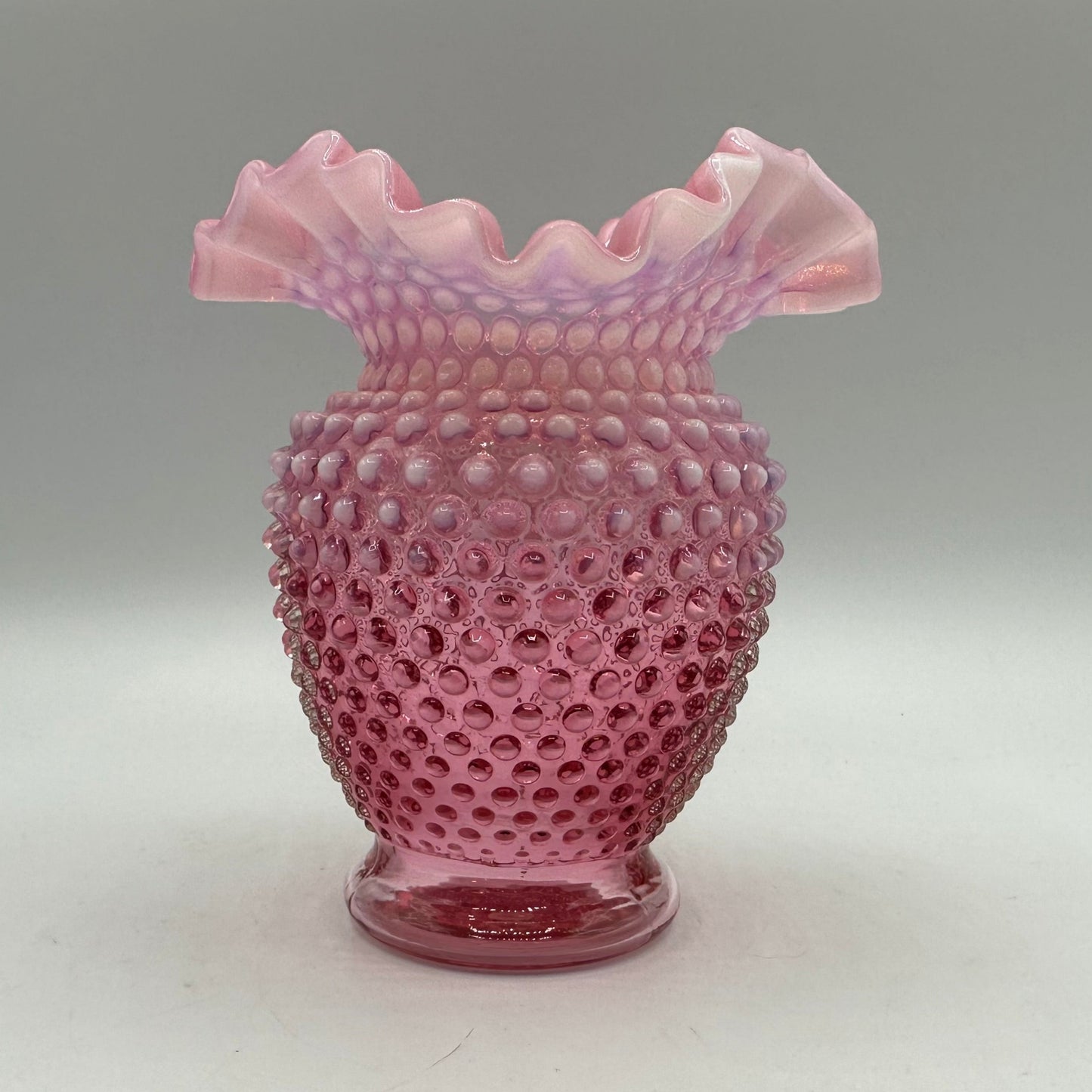 Fenton Cranberry Opalescent Hobnail Vase Ruffled Edge, 5 1/2"