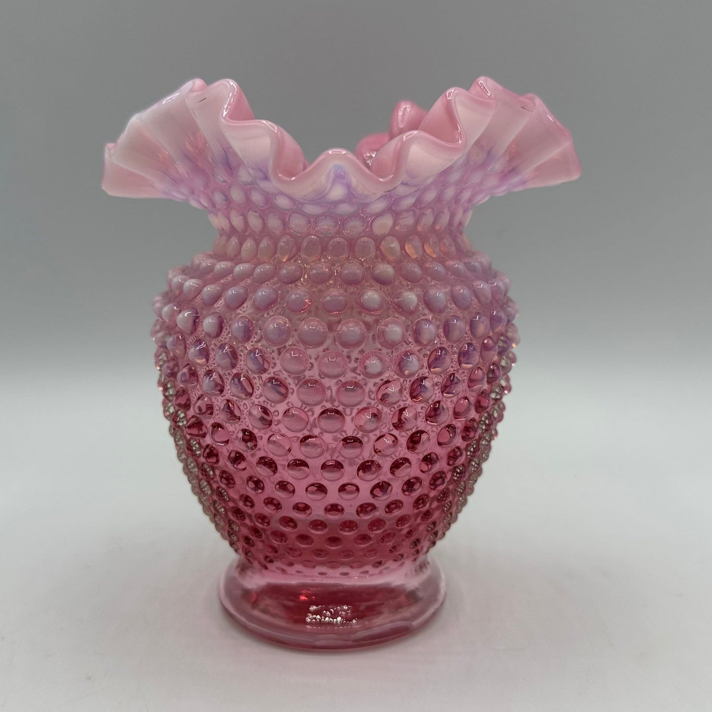 Fenton Cranberry Opalescent Hobnail Vase Ruffled Edge, 5 1/2"