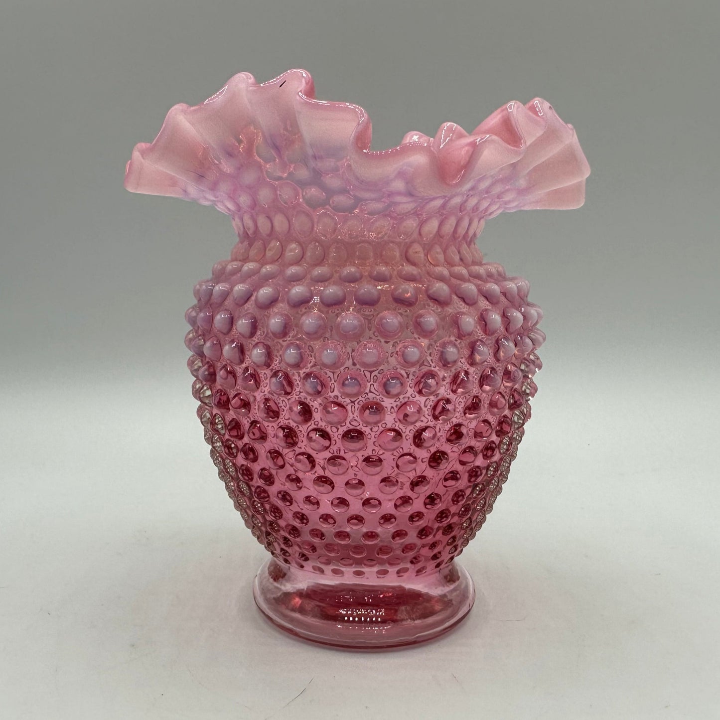 Fenton Cranberry Opalescent Hobnail Vase Ruffled Edge, 5 1/2"