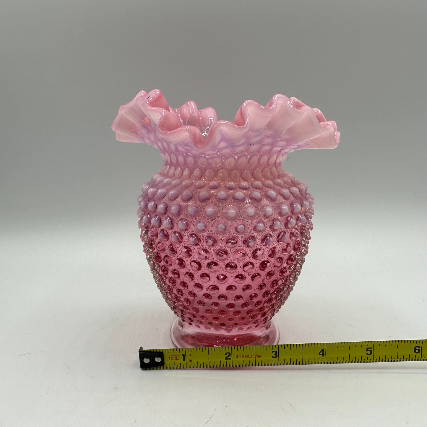 Fenton Cranberry Opalescent Hobnail Vase Ruffled Edge, 5 1/2"