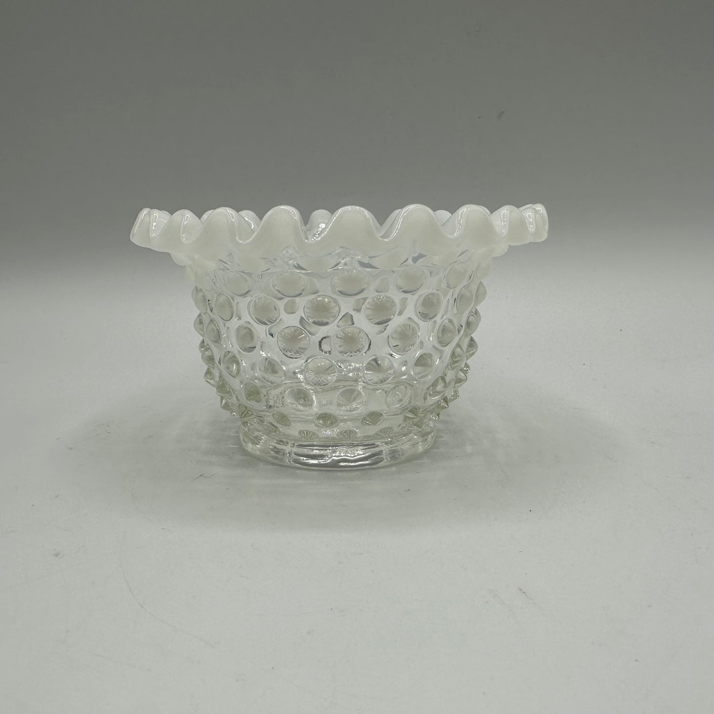 Fenton White Opalescent Hobnail Ruffled Bowl, Small