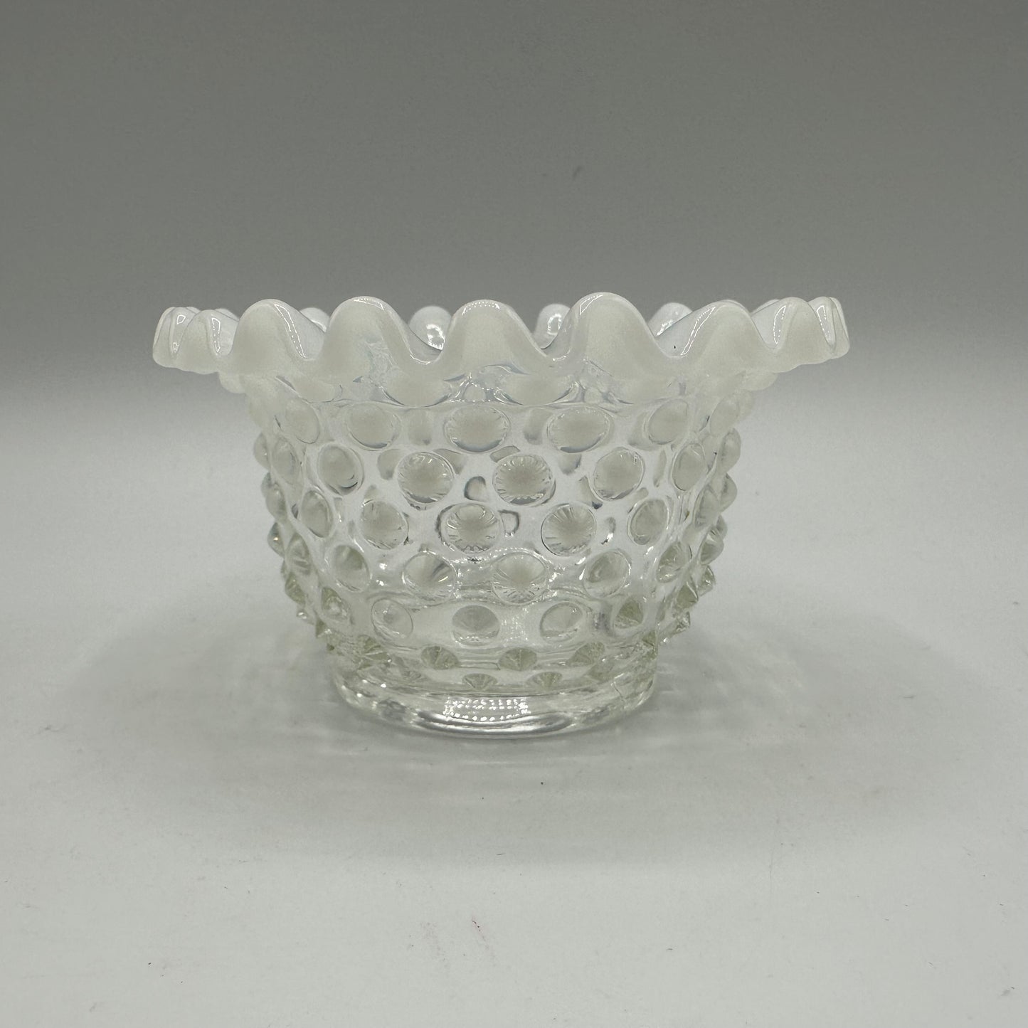 Fenton White Opalescent Hobnail Ruffled Bowl, Small