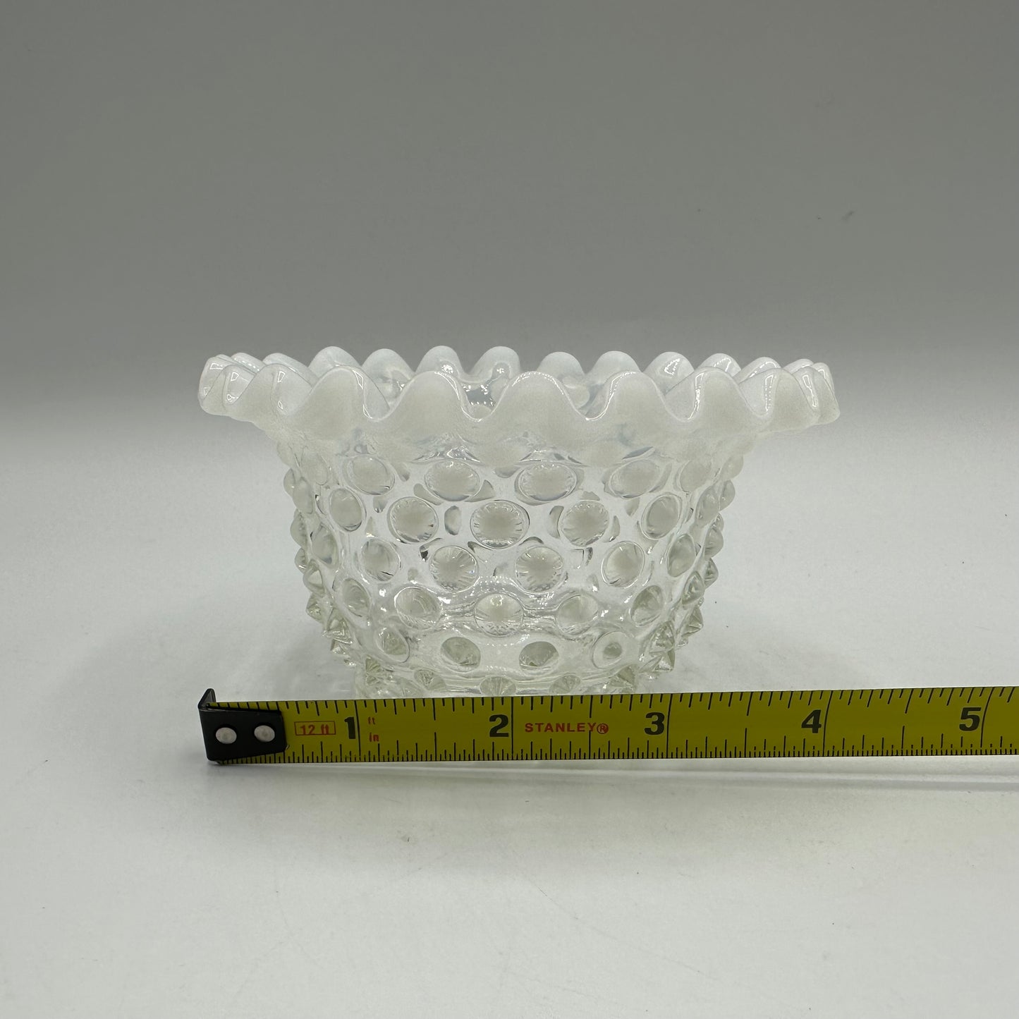 Fenton White Opalescent Hobnail Ruffled Bowl, Small