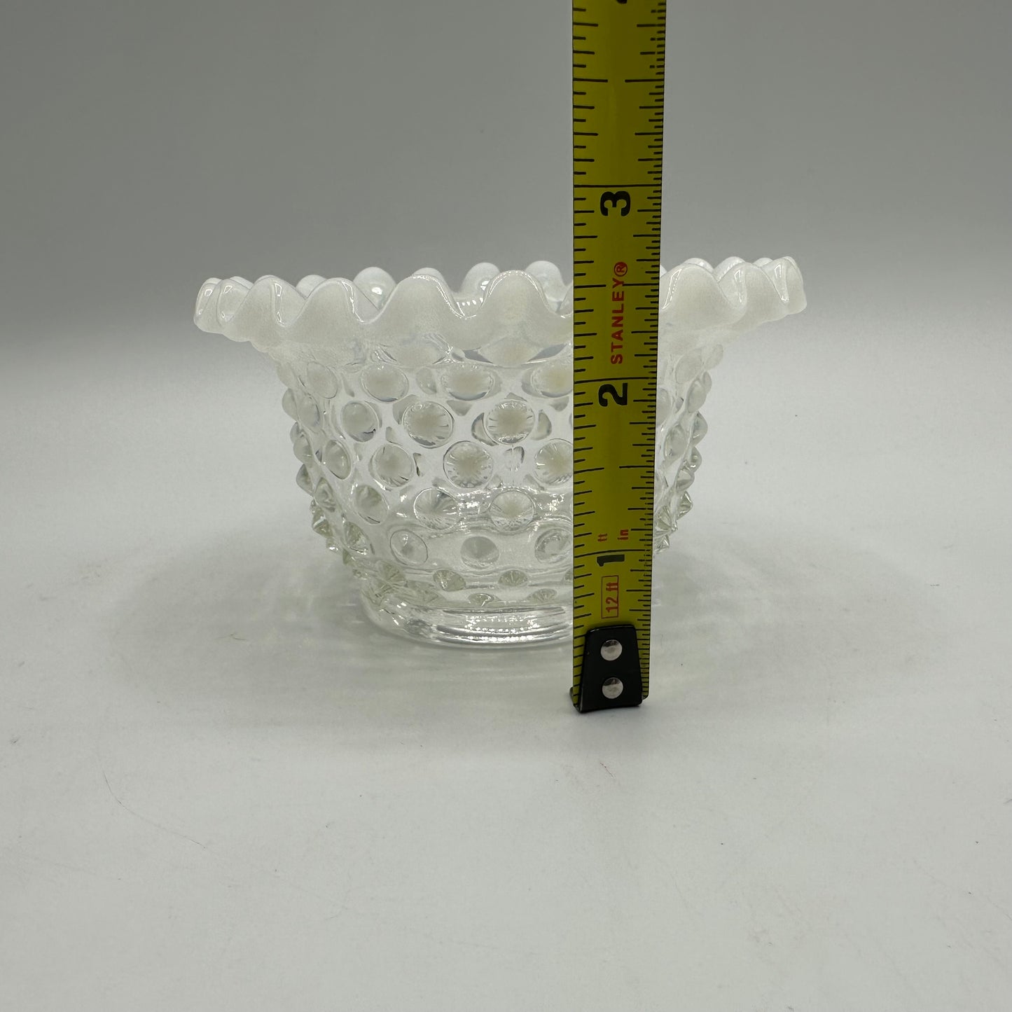 Fenton White Opalescent Hobnail Ruffled Bowl, Small