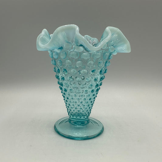 Fenton Aqua Blue Opalescent Hobnail Ruffled Vase