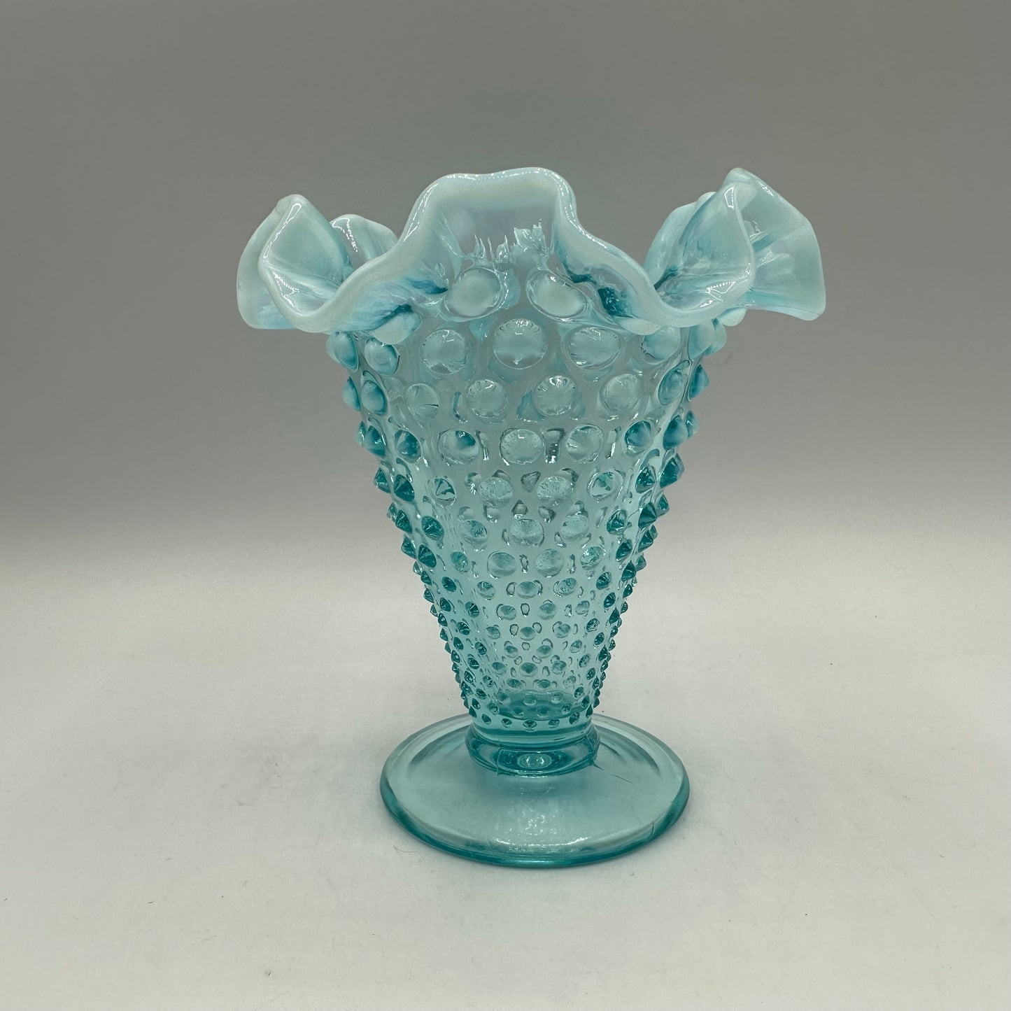 Fenton Aqua Blue Opalescent Hobnail Ruffled Vase