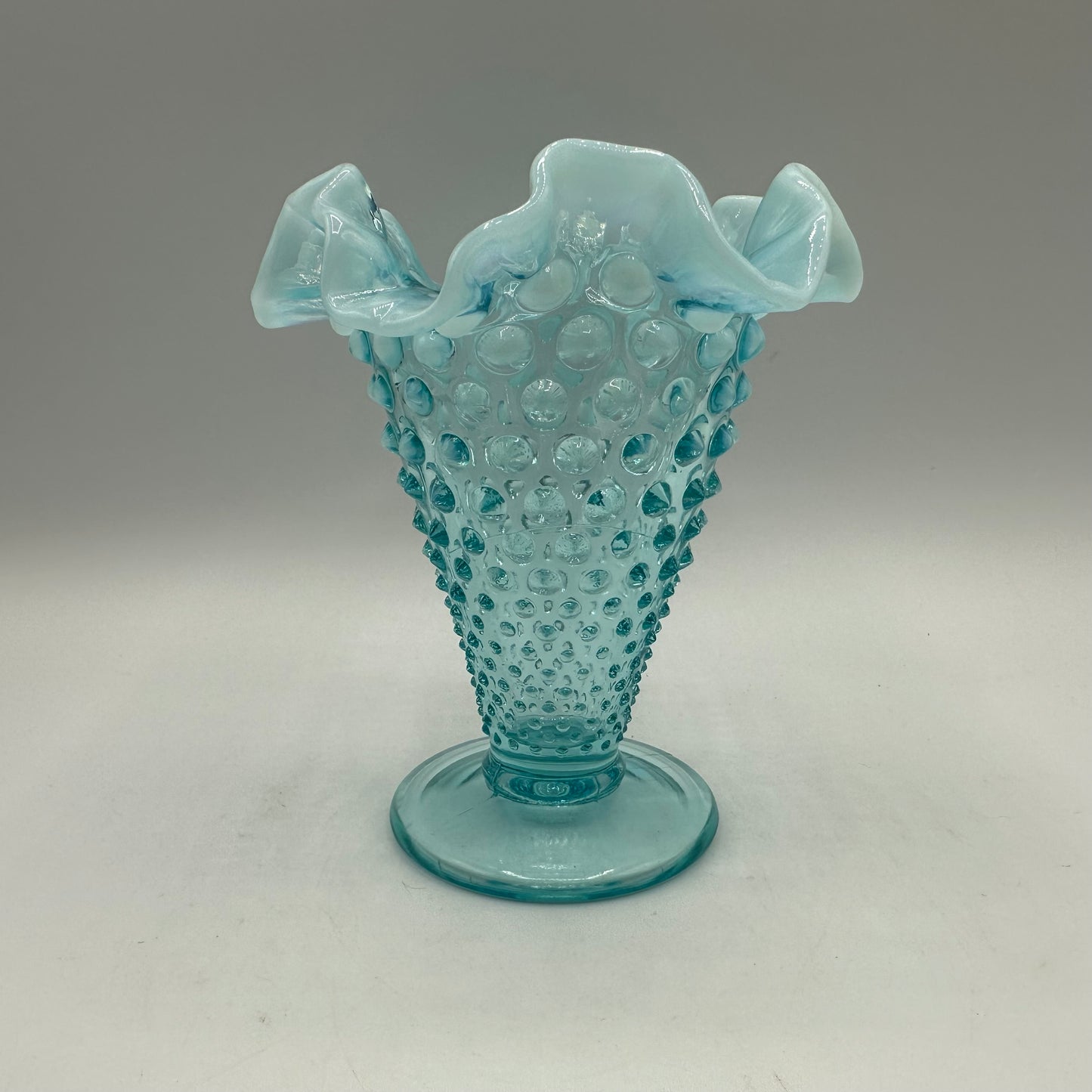 Fenton Aqua Blue Opalescent Hobnail Ruffled Vase