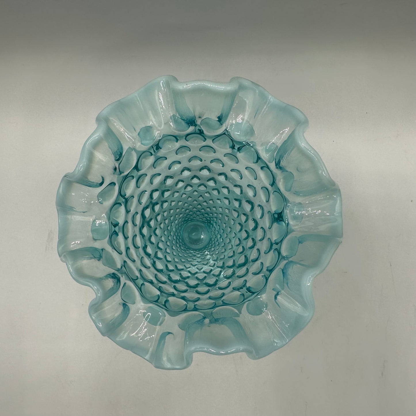 Fenton Aqua Blue Opalescent Hobnail Ruffled Vase