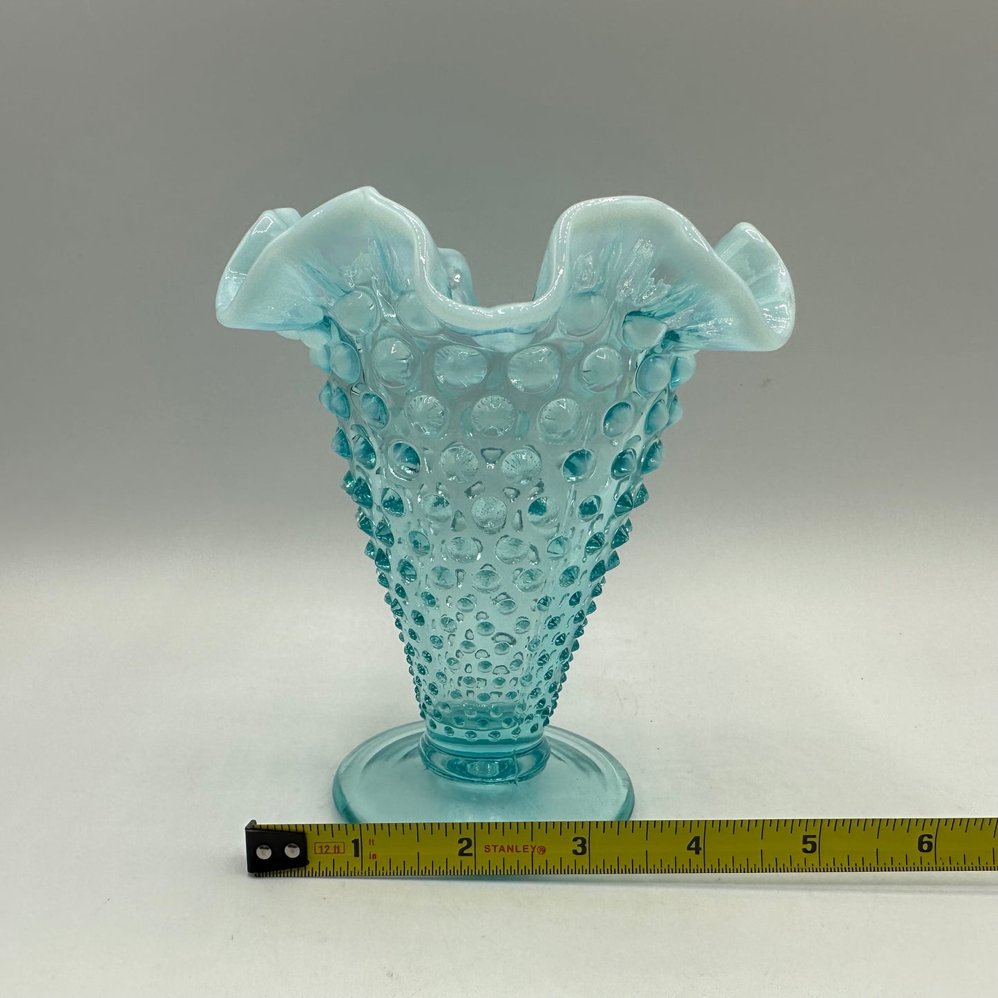 Fenton Aqua Blue Opalescent Hobnail Ruffled Vase