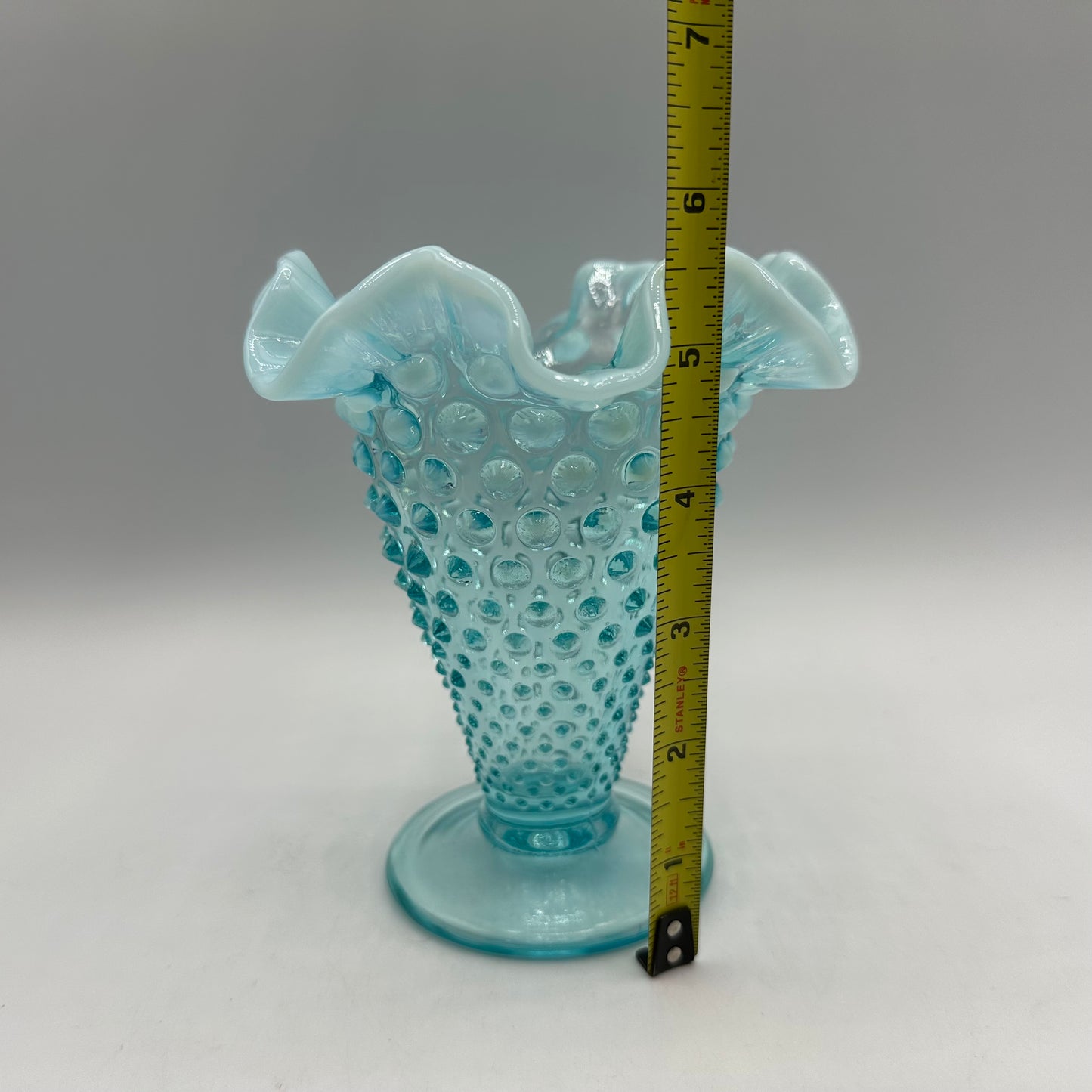 Fenton Aqua Blue Opalescent Hobnail Ruffled Vase