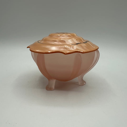 Art Deco Pink Frosted Glass Clawed Foot Powder Jar and Celluloid Lid