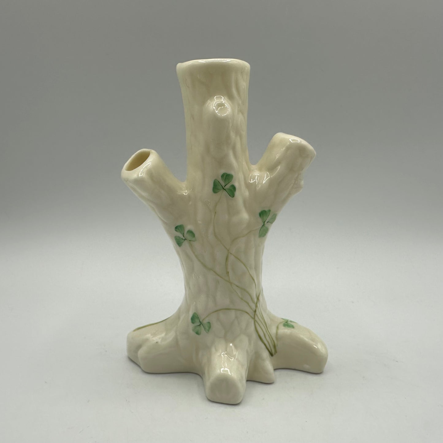 Belleek Tree Stump Triple Bud Vase Shamrock Design 6th Mark