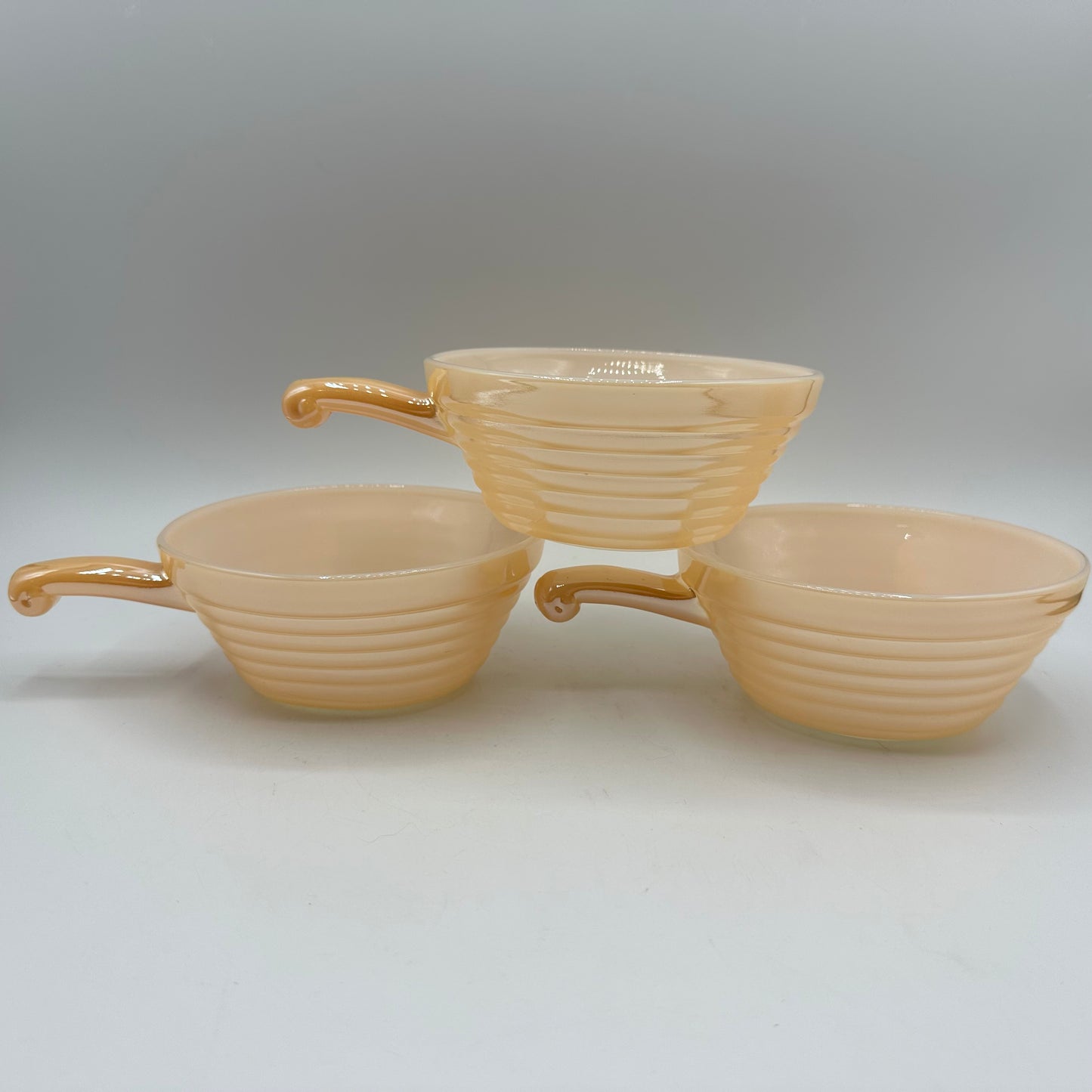 Fire King Peach Luster Beehive Handled Soup Bowl, Set of 3 1950s