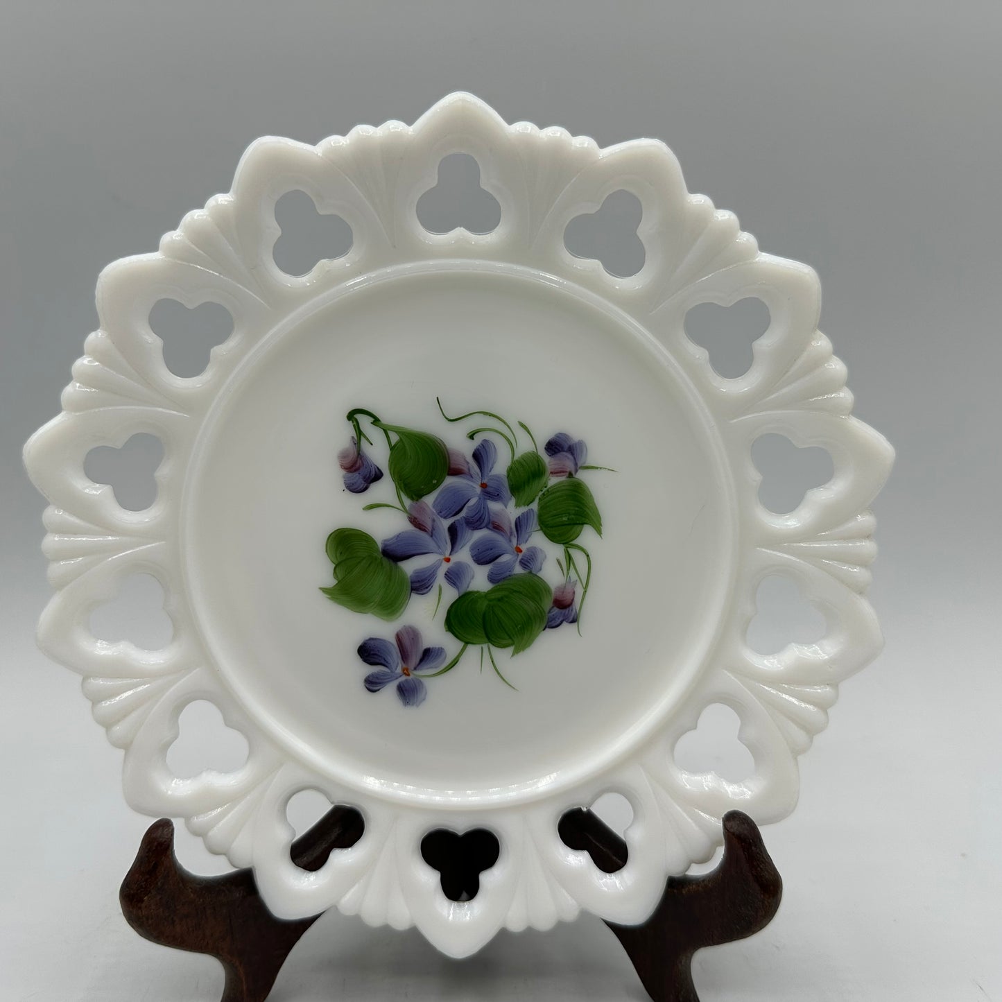 Reticulated Milk Glass Plate With Hand Painted Violets