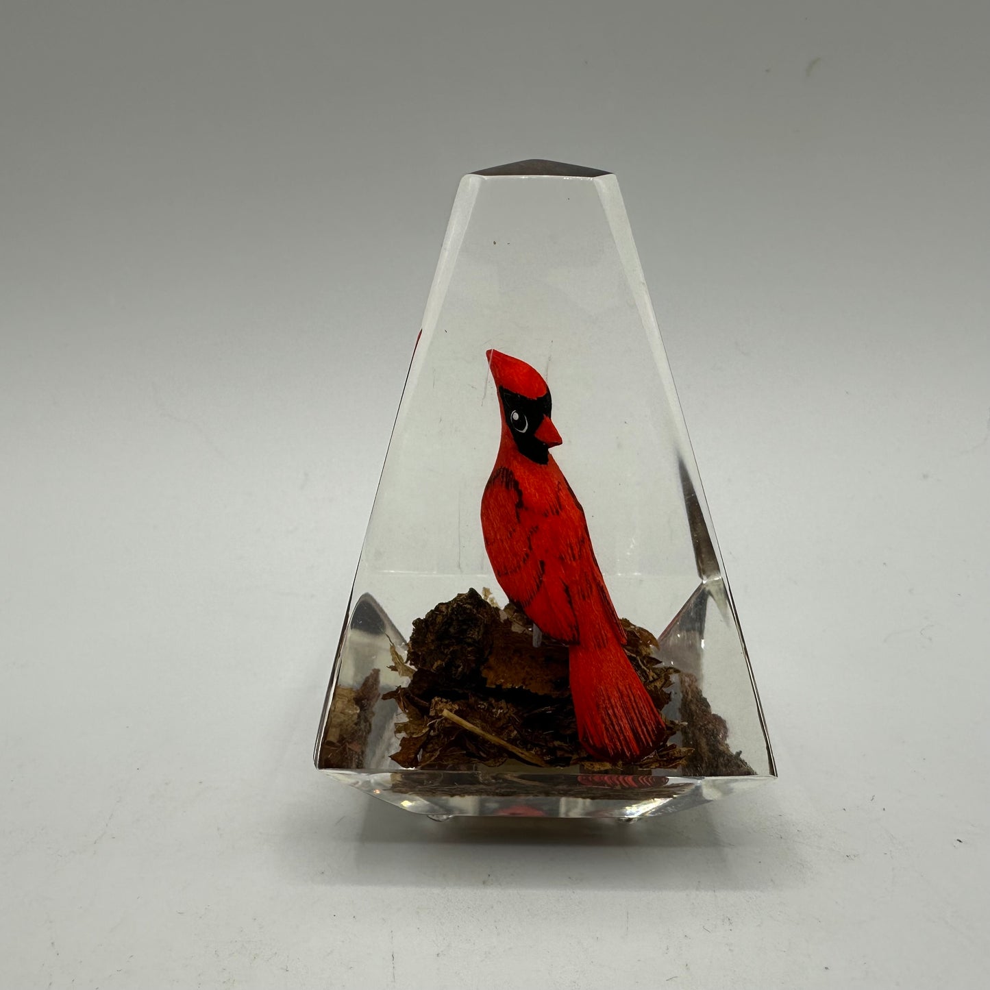 Unique Canada Lucite Encased Wood Sculpted Red Cardinal, Hand Painted