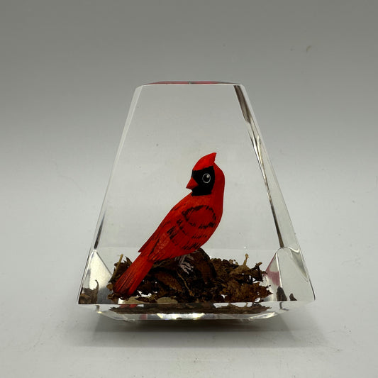 Unique Canada Lucite Encased Wood Sculpted Red Cardinal, Hand Painted