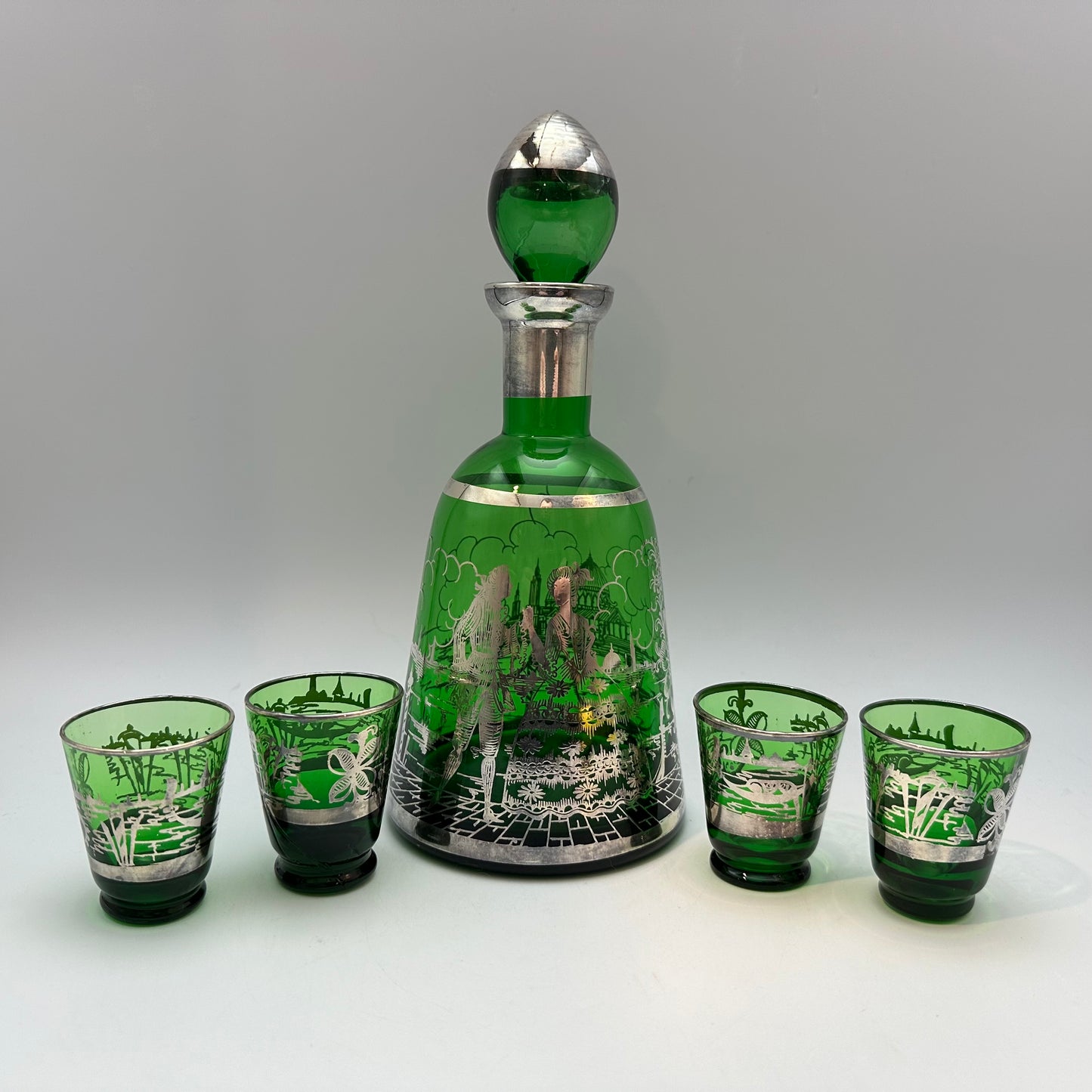 Emerald Green Decanter and 4 Shot Glasses, Silver Overlay With Venetian Design