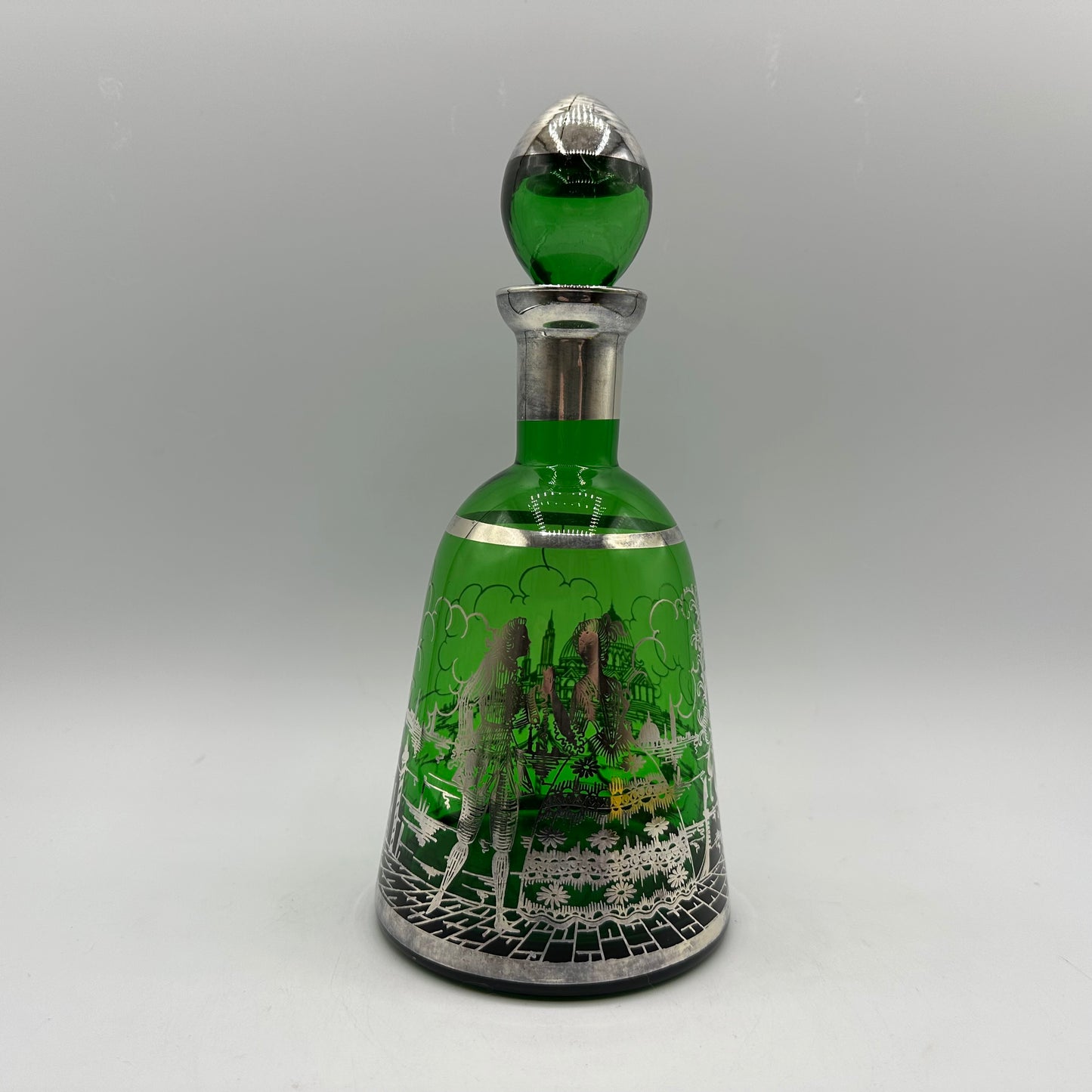 Emerald Green Decanter and 4 Shot Glasses, Silver Overlay With Venetian Design