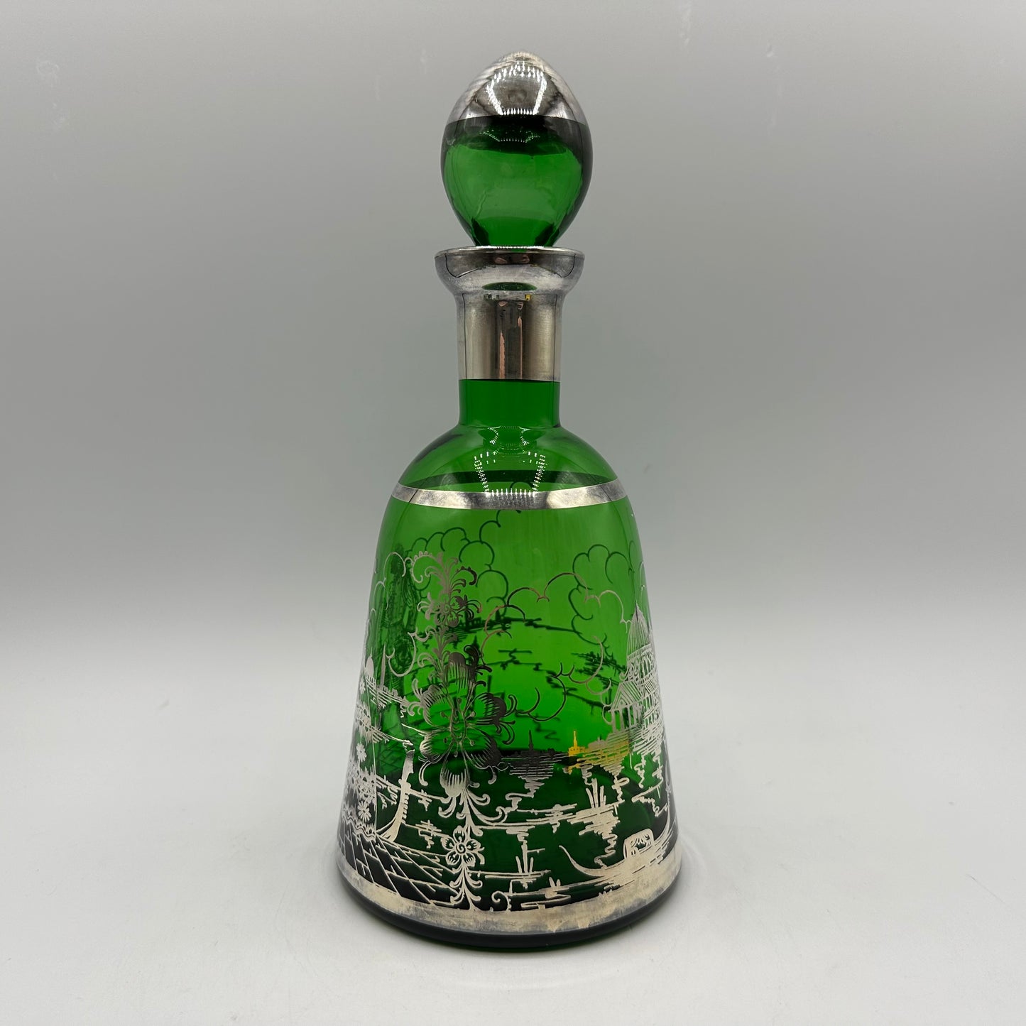 Emerald Green Decanter and 4 Shot Glasses, Silver Overlay With Venetian Design