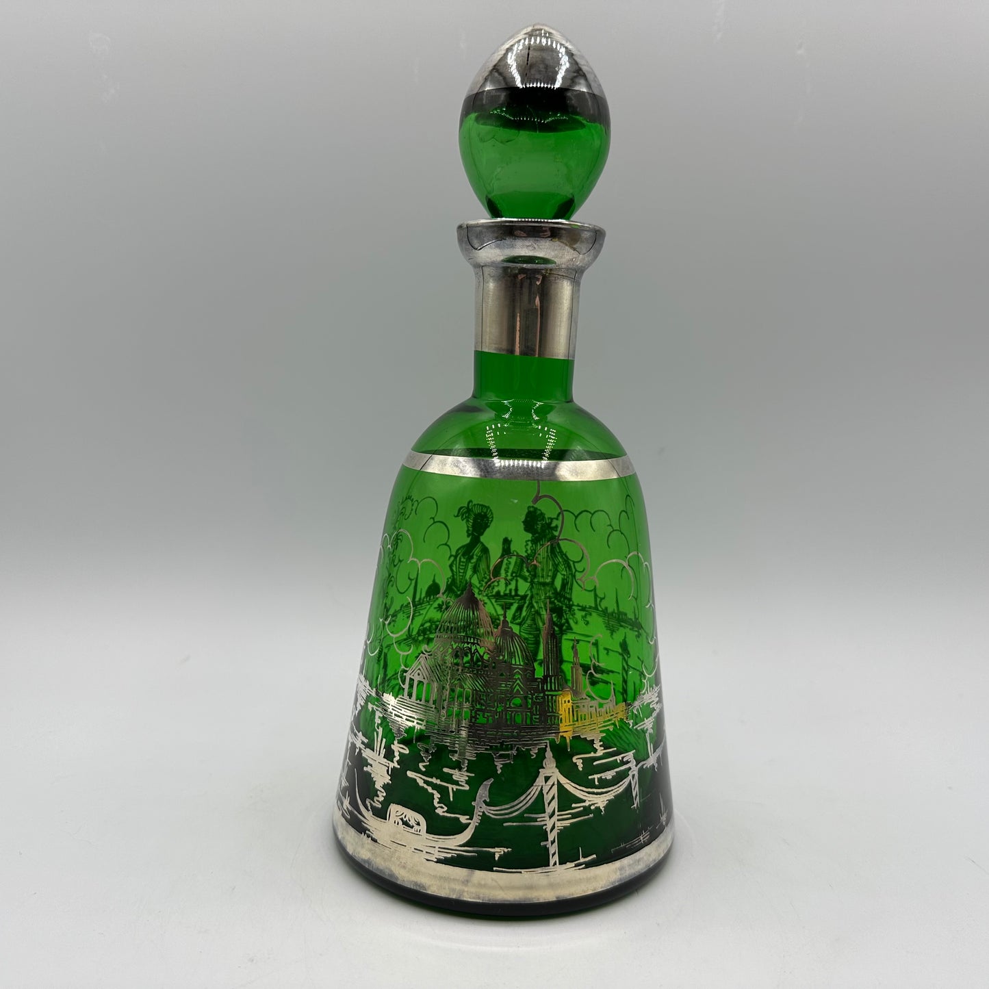 Emerald Green Decanter and 4 Shot Glasses, Silver Overlay With Venetian Design