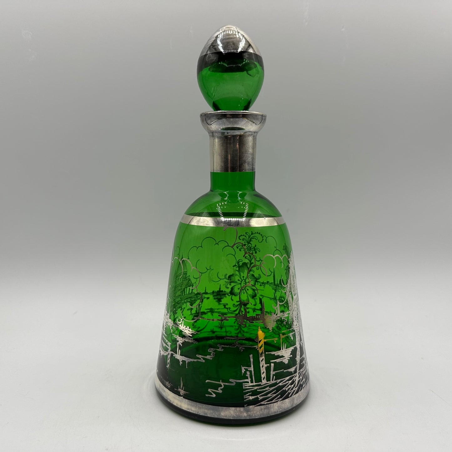 Emerald Green Decanter and 4 Shot Glasses, Silver Overlay With Venetian Design