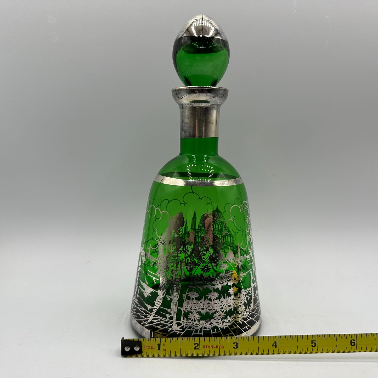 Emerald Green Decanter and 4 Shot Glasses, Silver Overlay With Venetian Design