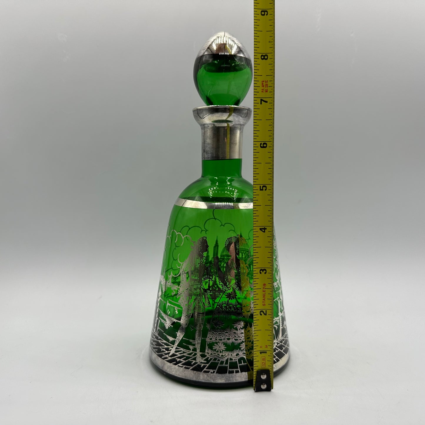 Emerald Green Decanter and 4 Shot Glasses, Silver Overlay With Venetian Design