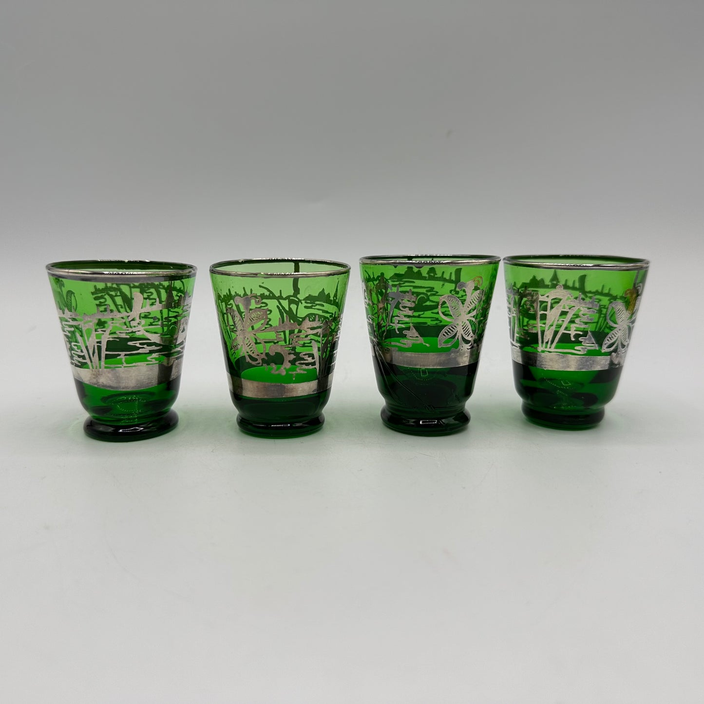 Emerald Green Decanter and 4 Shot Glasses, Silver Overlay With Venetian Design