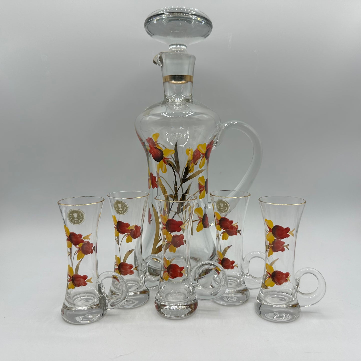 Floral Decanter and 5 Handled Shot Glasses, Hand Painted, Roumania