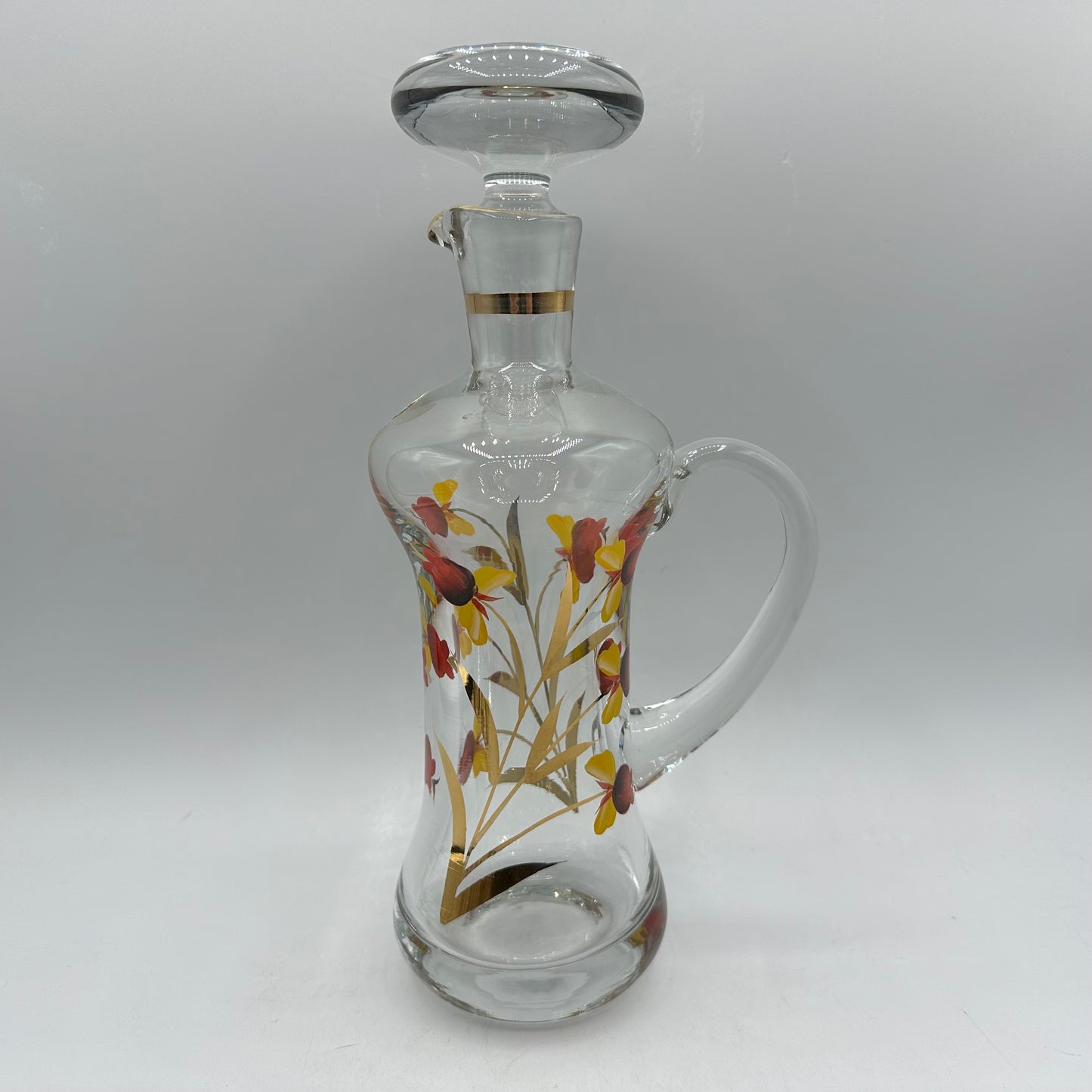 Floral Decanter and 5 Handled Shot Glasses, Hand Painted, Roumania