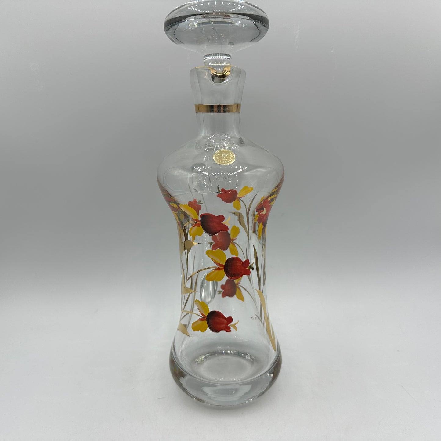 Floral Decanter and 5 Handled Shot Glasses, Hand Painted, Roumania