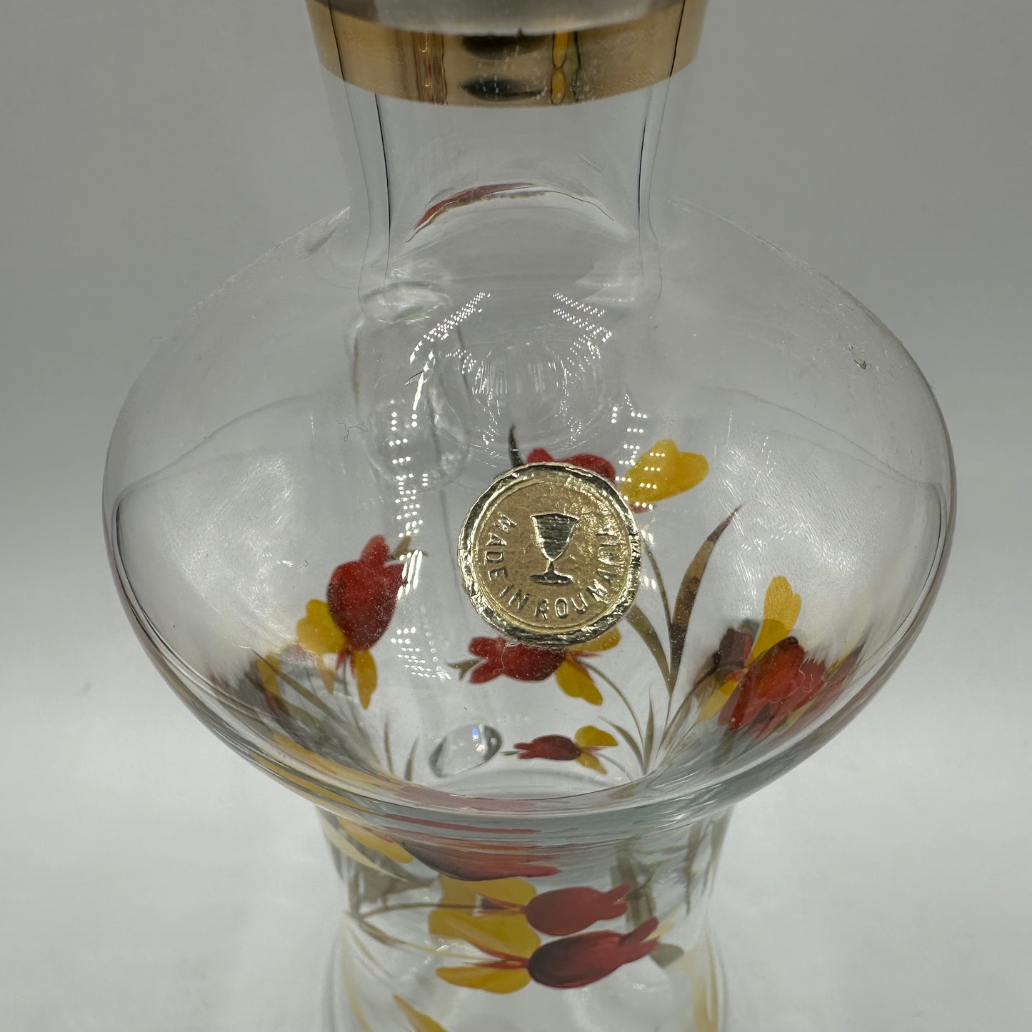 Floral Decanter and 5 Handled Shot Glasses, Hand Painted, Roumania