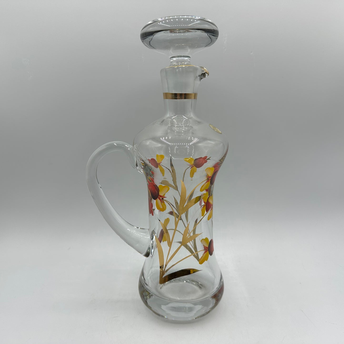 Floral Decanter and 5 Handled Shot Glasses, Hand Painted, Roumania