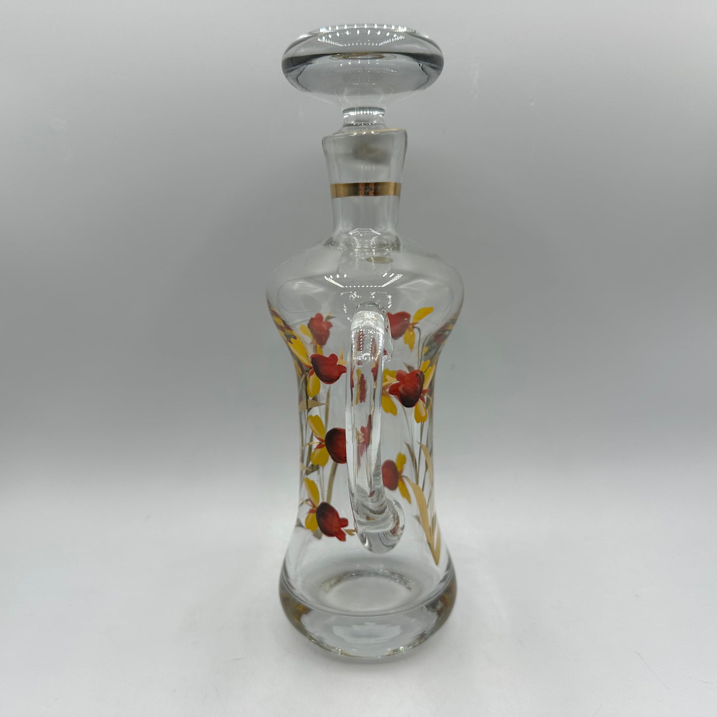 Floral Decanter and 5 Handled Shot Glasses, Hand Painted, Roumania