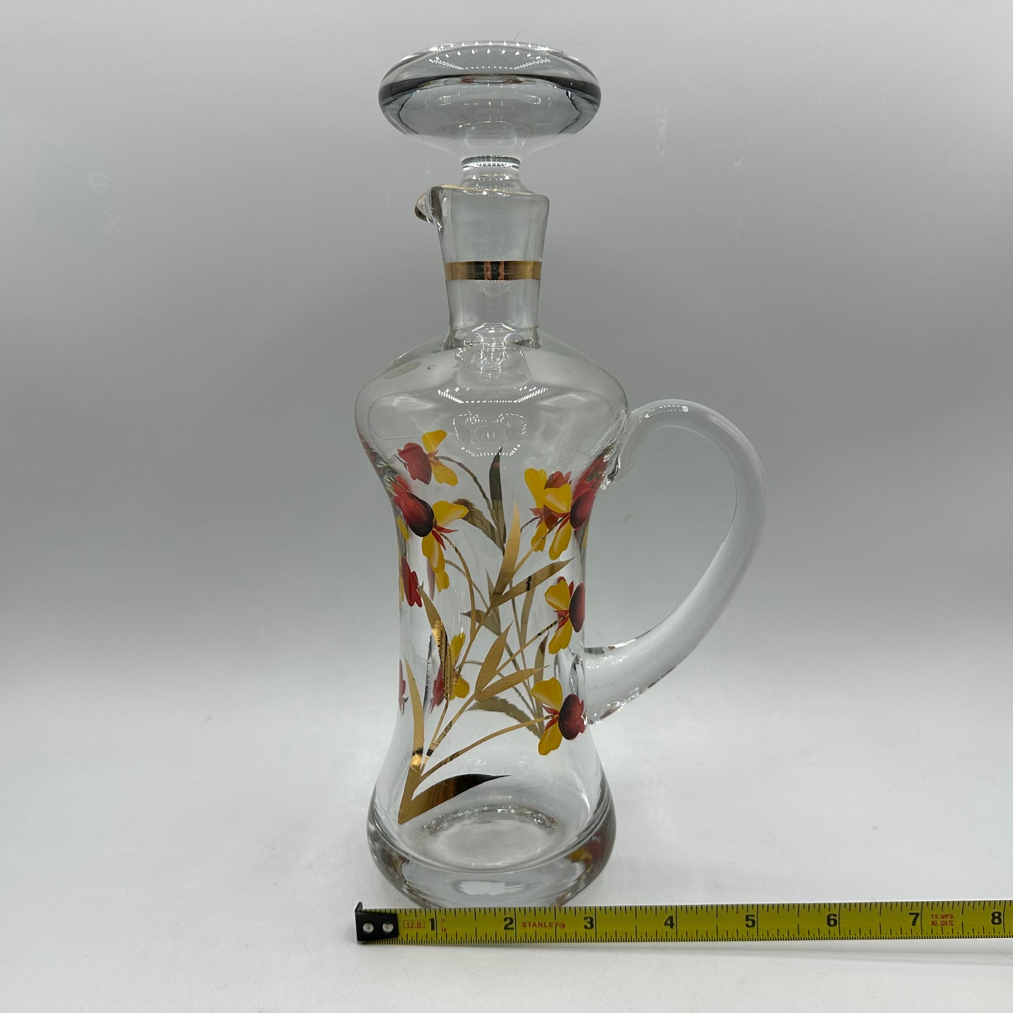 Floral Decanter and 5 Handled Shot Glasses, Hand Painted, Roumania