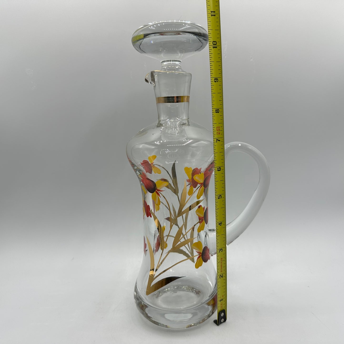 Floral Decanter and 5 Handled Shot Glasses, Hand Painted, Roumania