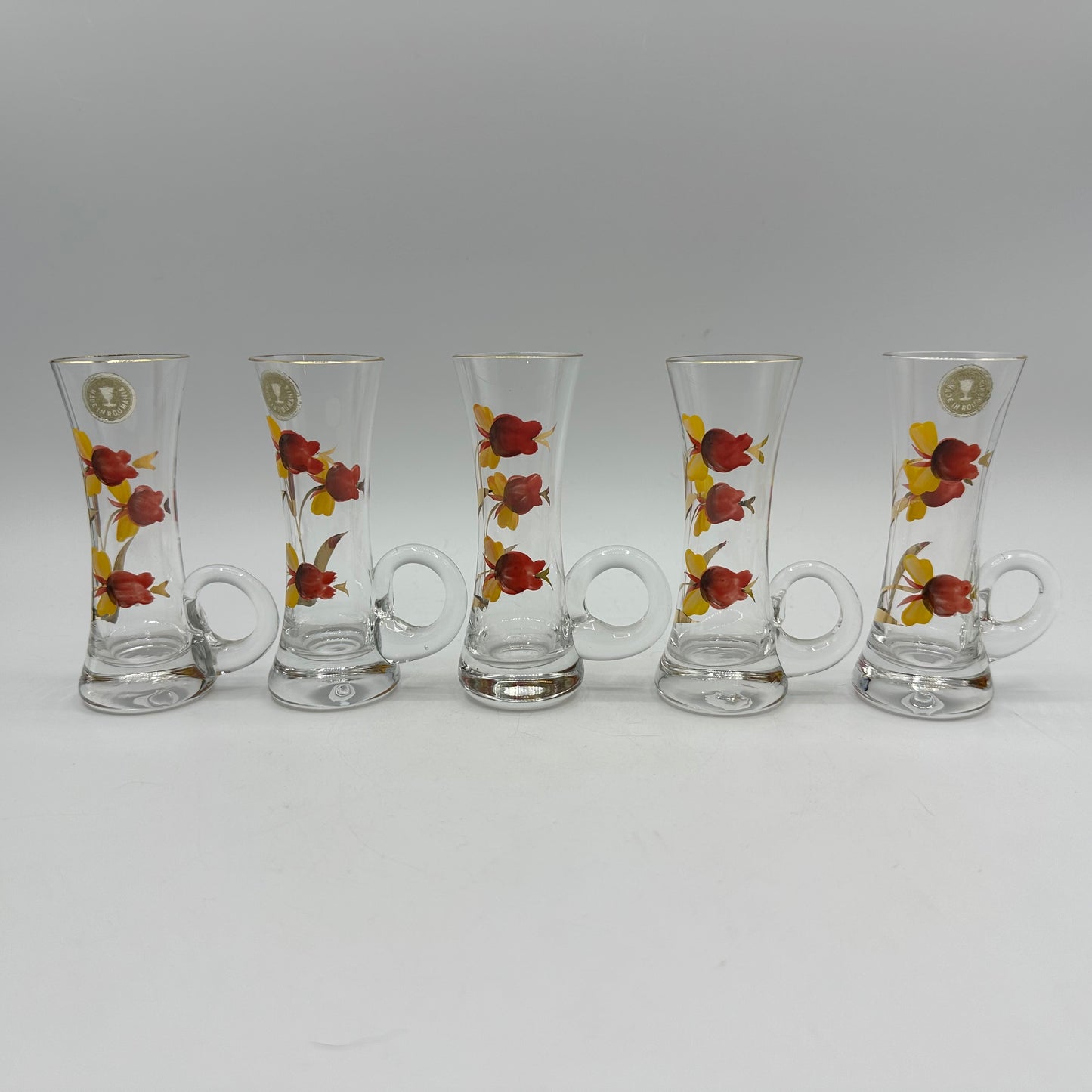 Floral Decanter and 5 Handled Shot Glasses, Hand Painted, Roumania