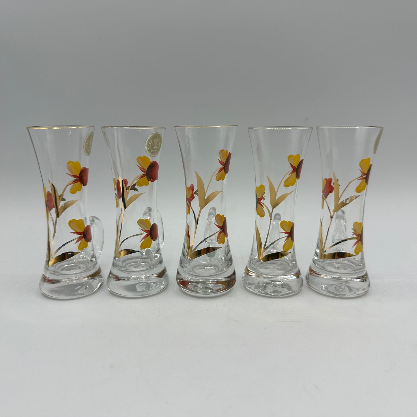 Floral Decanter and 5 Handled Shot Glasses, Hand Painted, Roumania